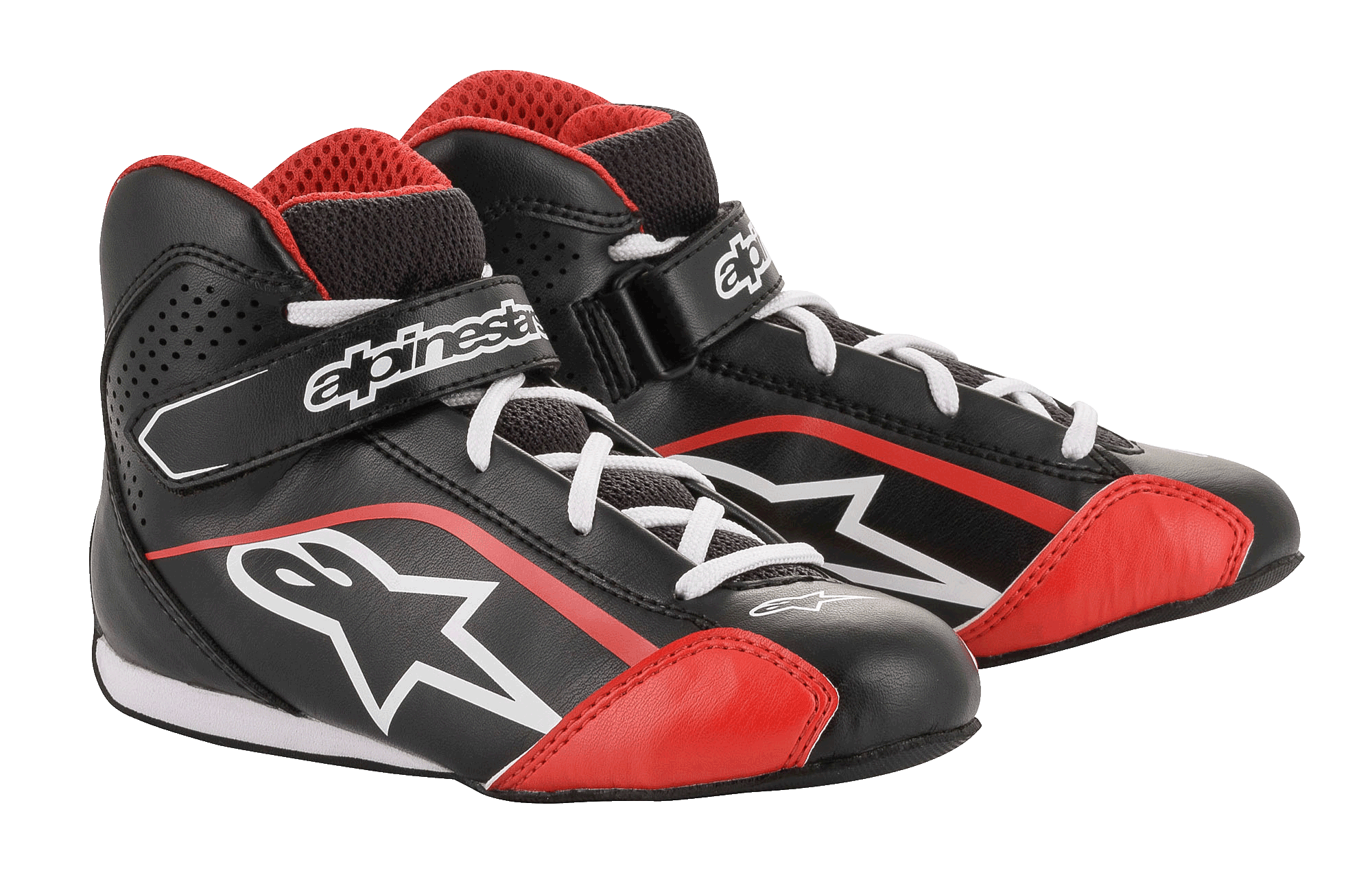 Alpinestars Youth Tech-1 K Shoes, buty kartingowe, czarne z białymi i czerwonymi elementami, lekka cholewka z mikrofibry z czerwonymi akcentami, białe sznurowadła, bezpieczny pasek na rzep na kostce, zaprojektowane do wyścigów kartingowych dla młodzieży