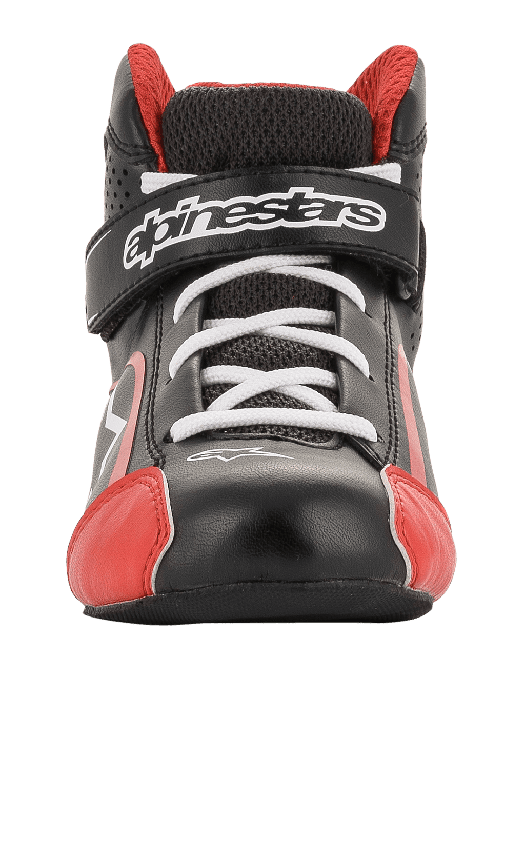 Alpinestars Youth Tech-1 K Shoes, buty kartingowe, czarno-biało-czerwone, widok z przodu z białymi sznurowadłami i markowym paskiem na rzep, czerwone akcenty na czubkach, lekka konstrukcja z mikrofibry i siatki