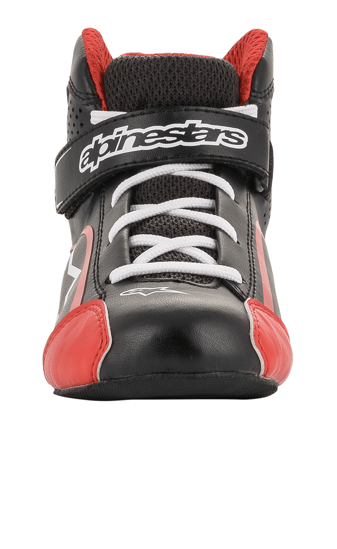 Alpinestars Youth Tech-1 K Shoes, buty kartingowe, czarno-biało-czerwone, widok z przodu z białymi sznurowadłami i markowym paskiem na rzep, czerwone akcenty na czubkach, lekka konstrukcja z mikrofibry i siatki