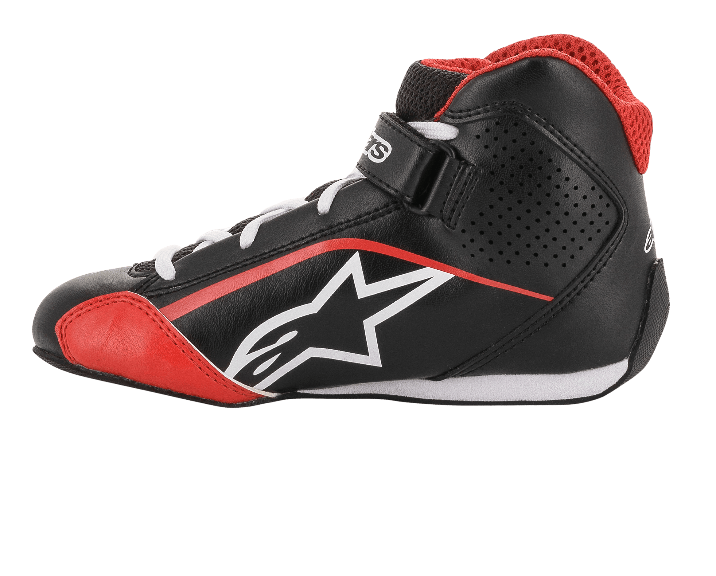 Młodzieżowe buty Alpinestars Tech-1 K, obuwie kartingowe, czarno-biało-czerwone, widok z profilu z białym logo gwiazdy, czerwony siatkowy kołnierz, białe sznurowadła i pasek na kostce, lekka wyścigowa konstrukcja z mikrofibry i siatki