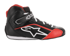 Alpinestars Youth Tech-1 K Shoes, buty kartingowe, czarno-biało-czerwone, profil boczny z konstrukcją z mikrofibry, białym logo Alpinestars, paskiem na rzep na kostce i perforowanymi panelami bocznymi dla wentylacji.