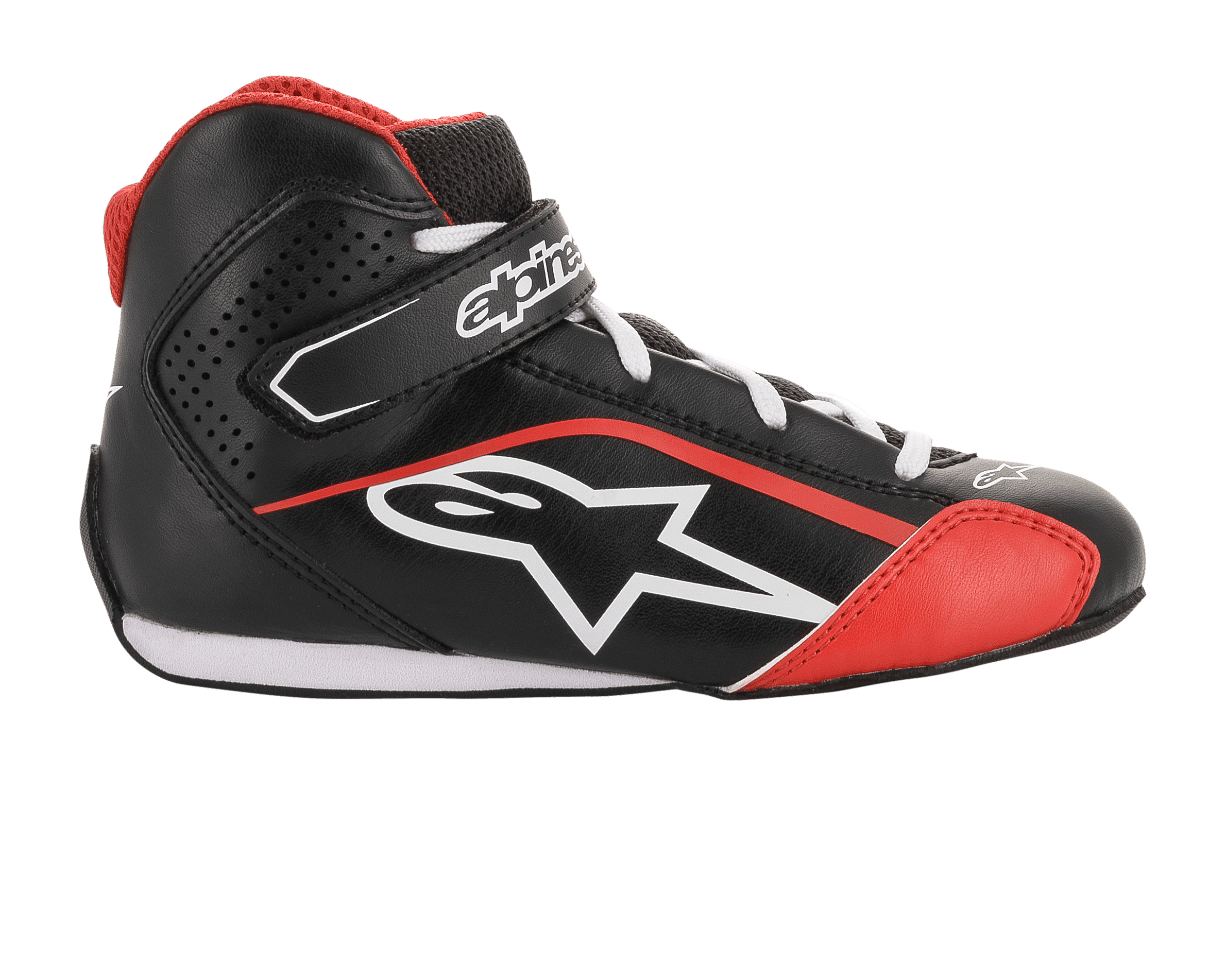 Alpinestars Youth Tech-1 K Shoes, buty kartingowe, czarno-biało-czerwone, profil boczny z konstrukcją z mikrofibry, białym logo Alpinestars, paskiem na rzep na kostce i perforowanymi panelami bocznymi dla wentylacji.