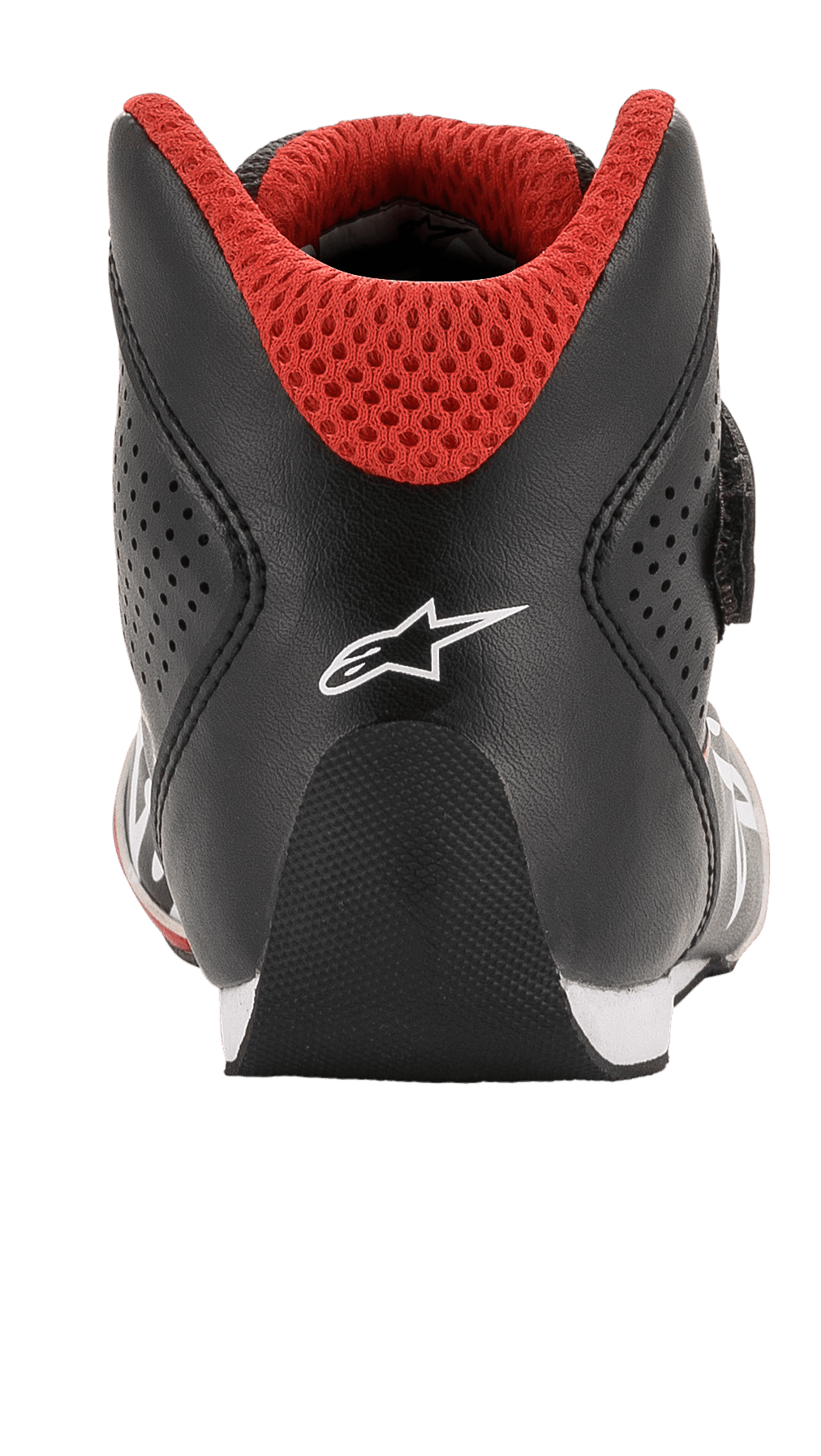 Młodzieżowe buty Alpinestars Tech-1 K, buty kartingowe, czarno-biało-czerwone, widok z tyłu przedstawiający zaokrągloną piętę, białe logo Alpinestars i czerwony kołnierz z siatki 3D do wyścigów kartingowych