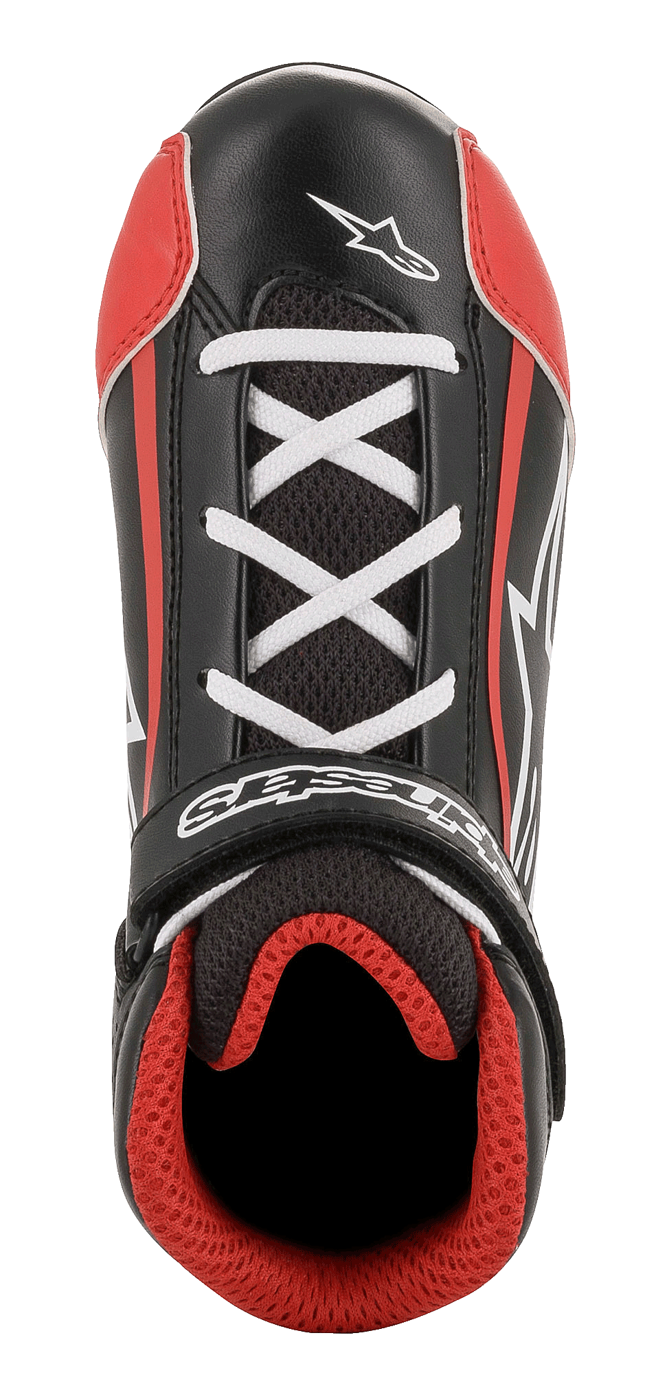 Buty młodzieżowe Alpinestars Tech-1 K, buty kartingowe, czarno-biało-czerwone, widok z góry ukazujący białe sznurowanie na krzyż, czarny pasek na rzep z logo, czerwona wyściółka z siatki 3D, trwała konstrukcja z mikrofibry i siatki