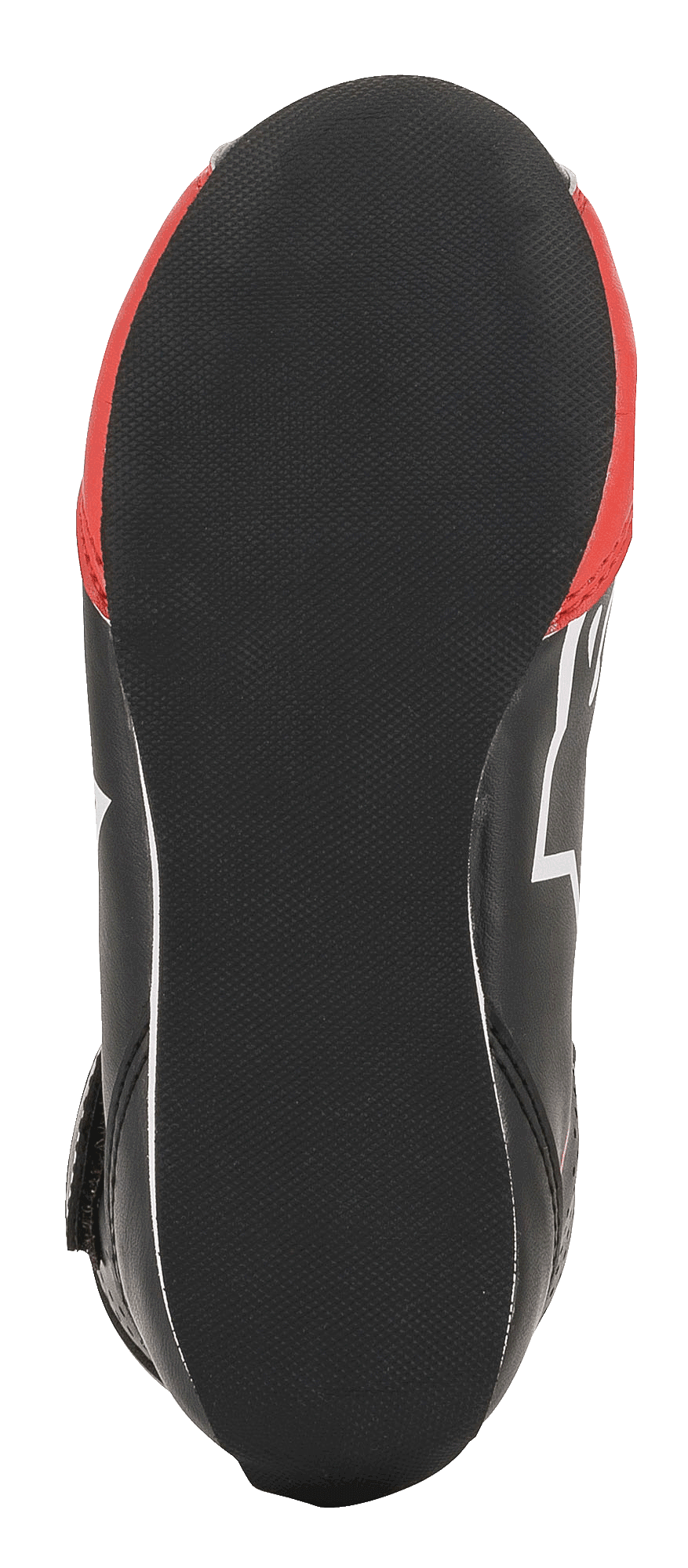 Alpinestars Youth Tech-1 K Shoes, buty kartingowe, czarno-biało-czerwone, widok od dołu prezentujący teksturowaną czarną gumową podeszwę z zaokrągloną piętą dla czułości pedałów i czerwone akcenty boczne.