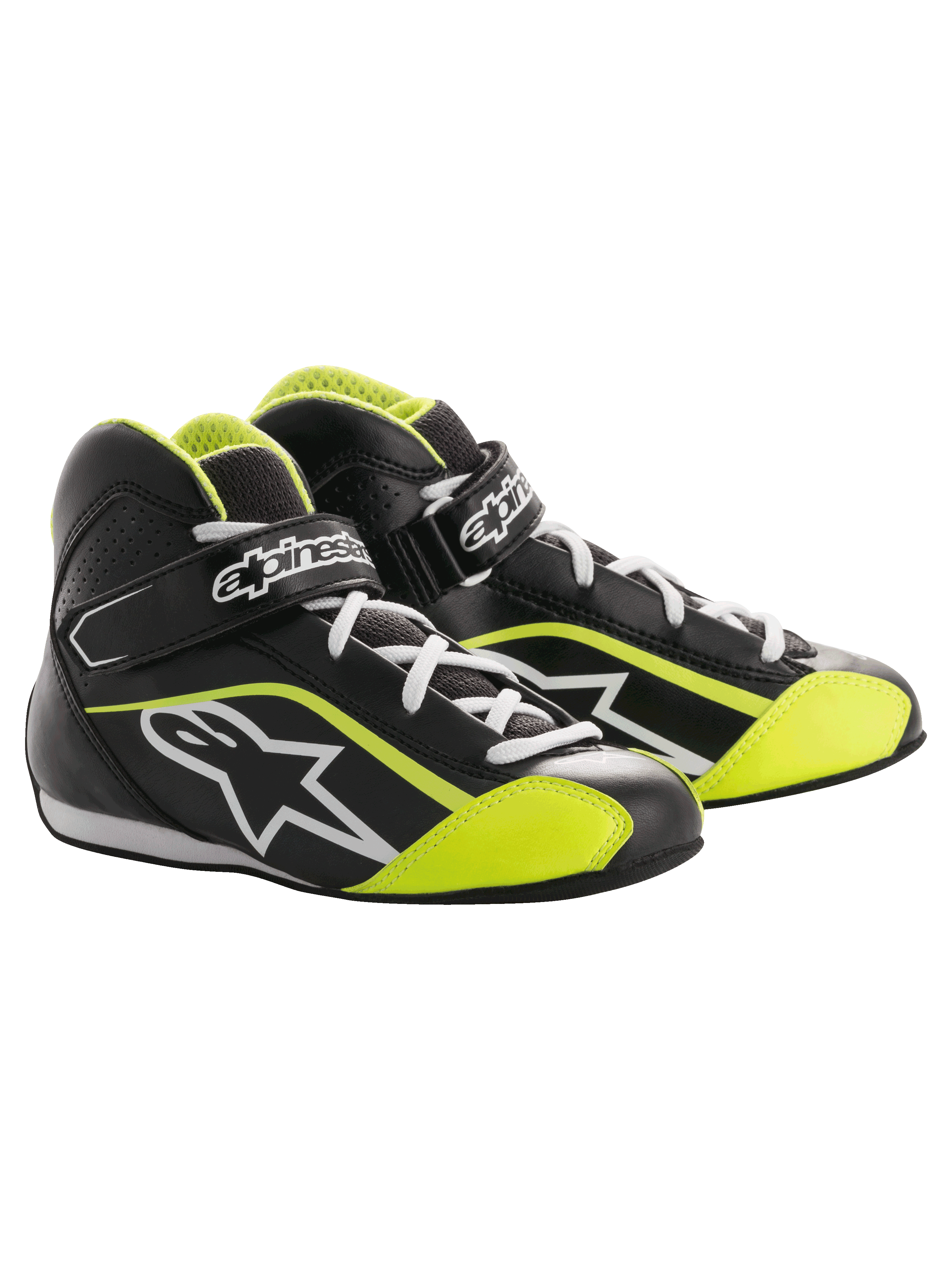 Buty Alpinestars Youth Tech-1 K, buty wyścigowe do kartingu, czarne i fluorescencyjne żółte, wysoka cholewka z białymi sznurowadłami, pasek na rzep z brandingiem, logo gwiazdy z boku oraz perforowane panele