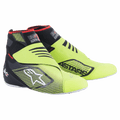Alpinestars Tech-1 KZ V2, buty kartingowe wyścigowe, czarno-żółte neonowe, bezszwowa dzianinowa cholewka, podwójne zapięcie na rzepy, białe logo gwiazdy Alpinestars, czarne grafiki 3D, wysoki kołnierz z czerwonymi akcentami, cienka biała podeszwa