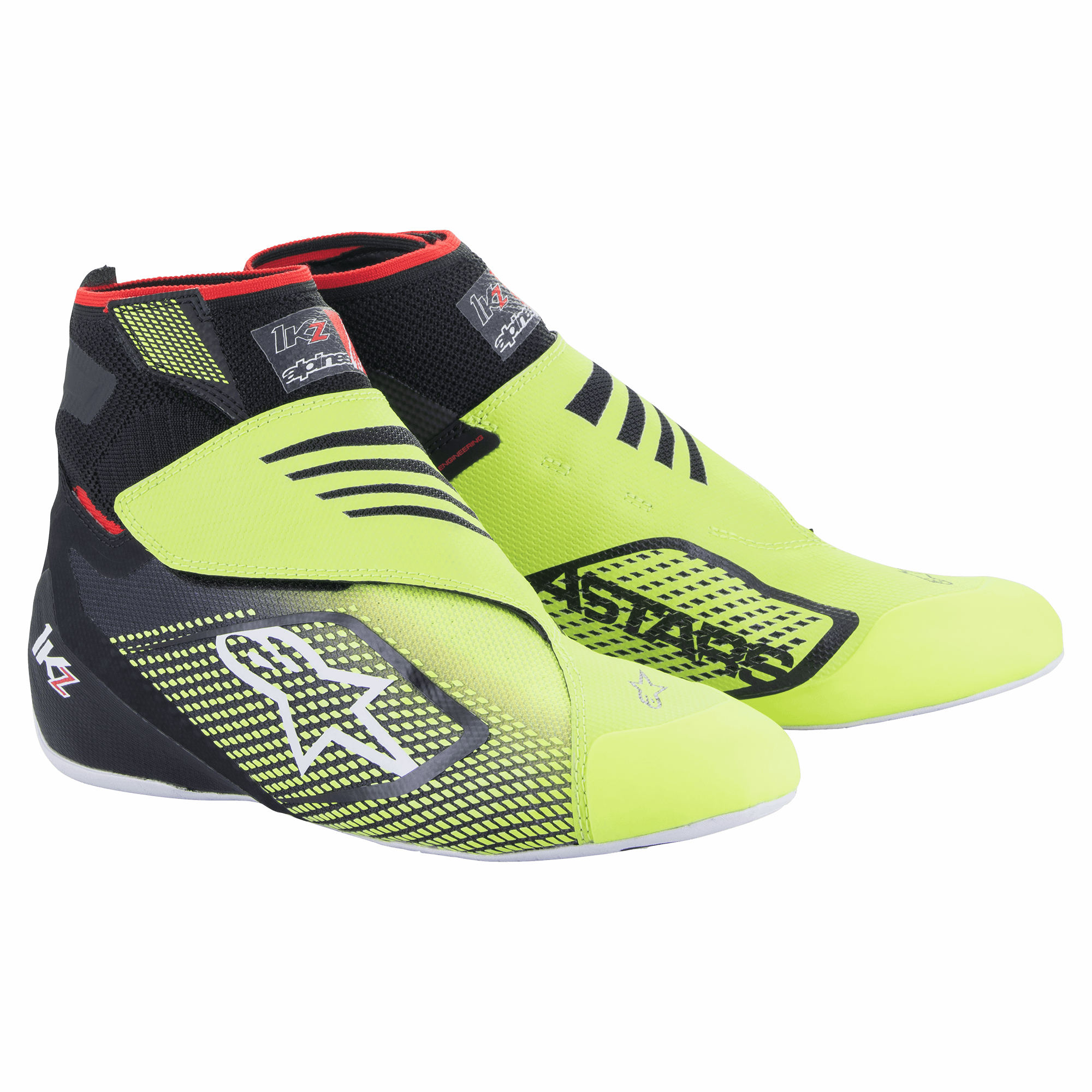 Alpinestars Tech-1 KZ V2, buty kartingowe wyścigowe, czarno-żółte neonowe, bezszwowa dzianinowa cholewka, podwójne zapięcie na rzepy, białe logo gwiazdy Alpinestars, czarne grafiki 3D, wysoki kołnierz z czerwonymi akcentami, cienka biała podeszwa