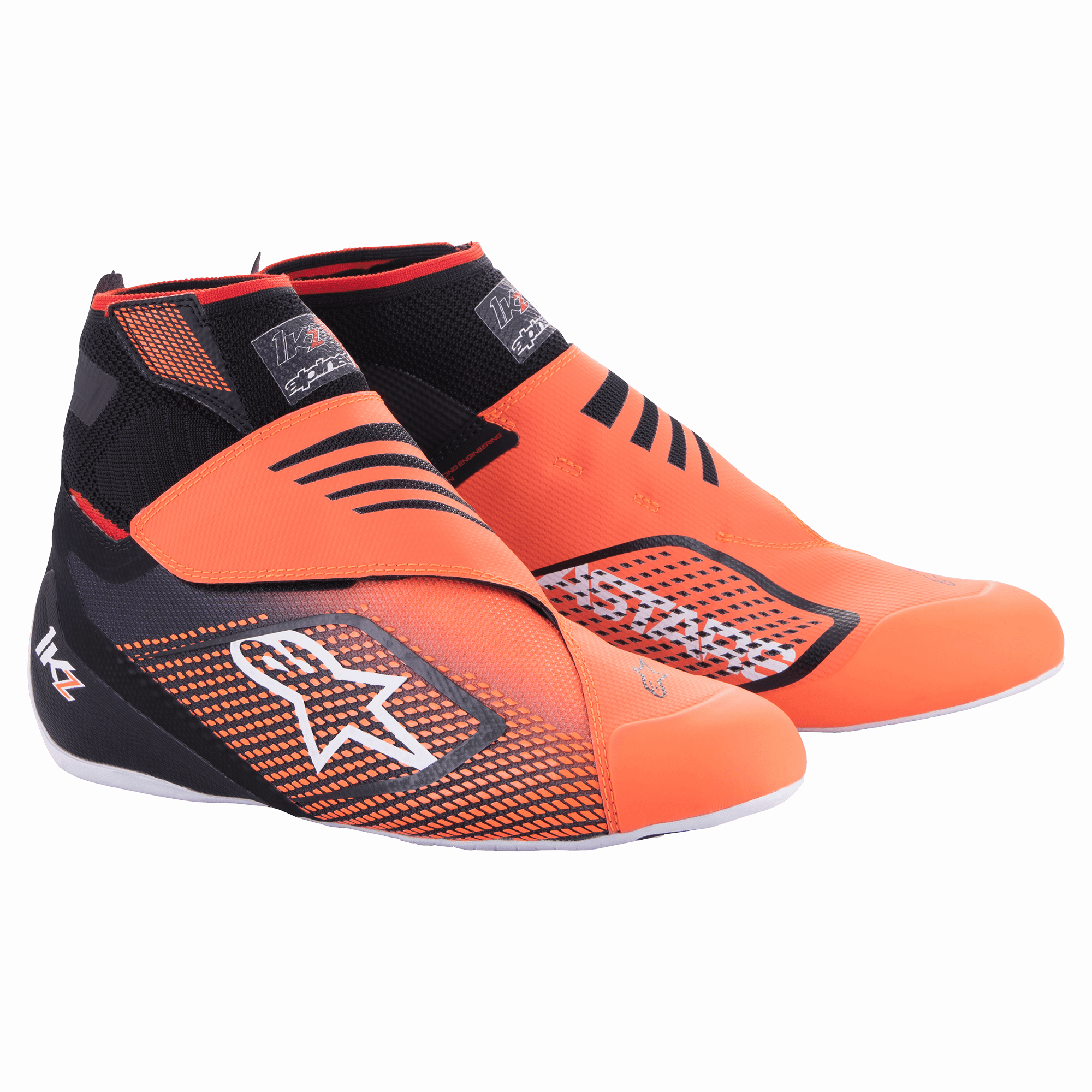 Alpinestars Tech-1 KZ V2, buty kartingowe, czarno-pomarańczowe fluo, wysoka konstrukcja z dzianinową cholewką i białym logo Astars, czarne panele z siatki, teksturowane nakładki, cienkie białe podeszwy, podwójne zapięcia na rzepy, aerodynamiczne obuwie wyczynowe