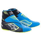 Buty kartingowe Alpinestars Tech-1 KZ V2, niebiesko-czarne i żółte fluo, z bezszwową dzianą cholewką, podwójnym zapięciem na rzep na kostce, dużym białym logo gwiazdy z boku, smukła lekka konstrukcja do sportów motorowych