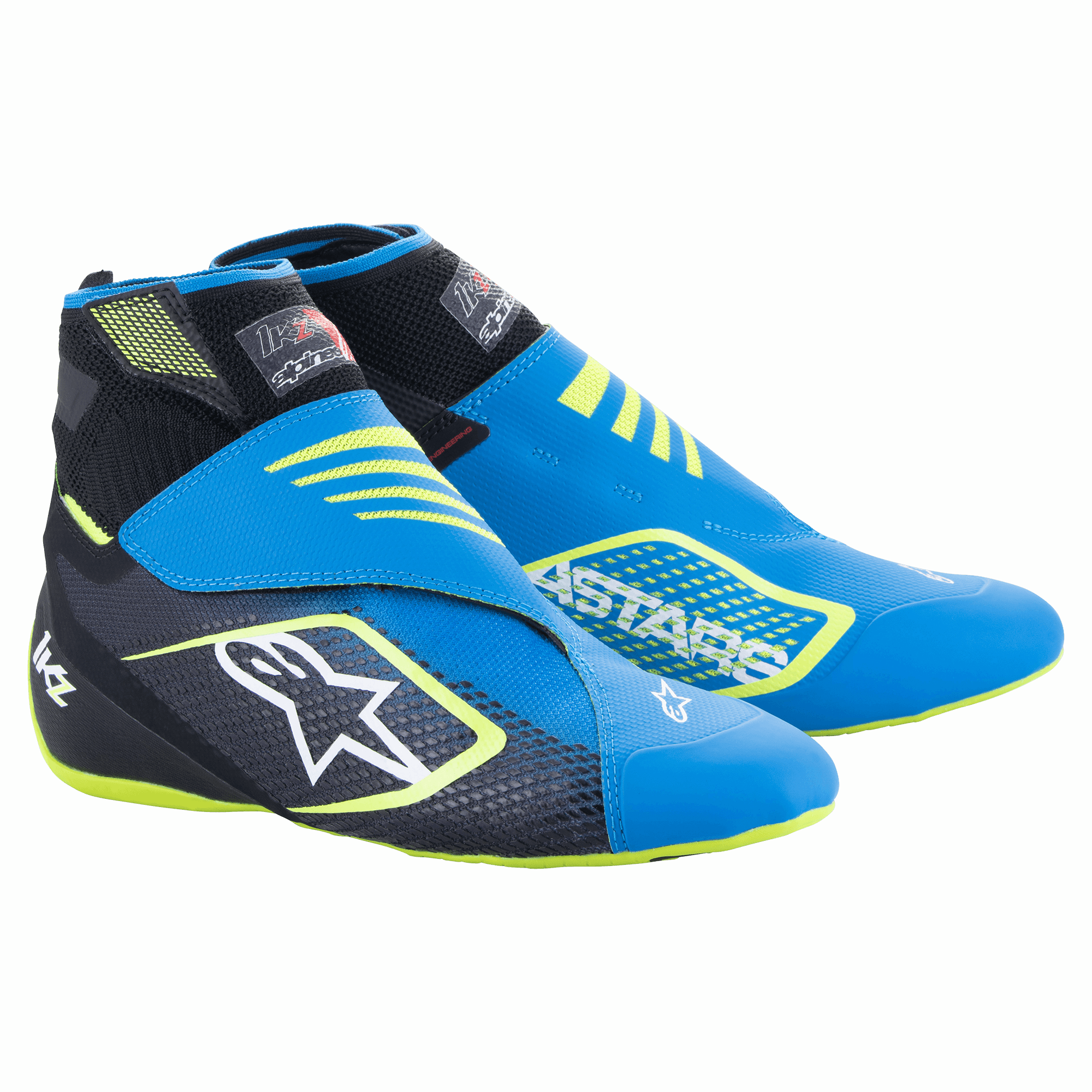 Buty kartingowe Alpinestars Tech-1 KZ V2, niebiesko-czarne i żółte fluo, z bezszwową dzianą cholewką, podwójnym zapięciem na rzep na kostce, dużym białym logo gwiazdy z boku, smukła lekka konstrukcja do sportów motorowych