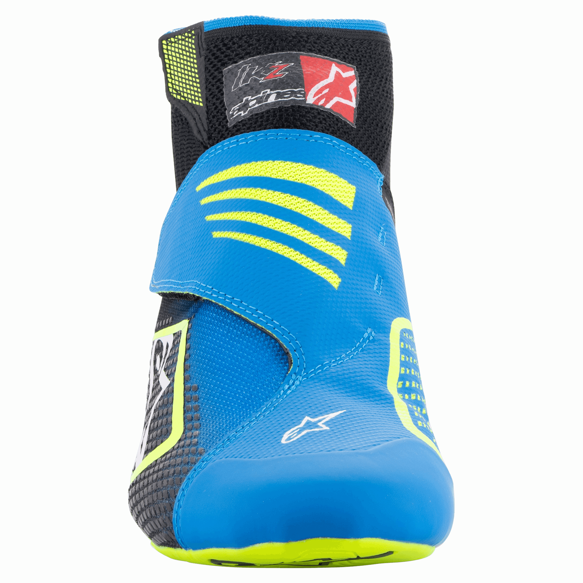 Alpinestars Tech-1 KZ V2 Shoes, buty kartingowe, kolor czarny, błękitny i żółty fluo, widok z przodu ukazujący bezszwową dzianą cholewkę, intensywnie niebieski pasek z żółtymi akcentami i czarny kołnierz wokół kostki
