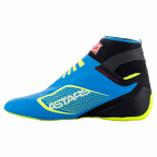 Buty Alpinestars Tech-1 KZ V2, buty kartingowe, niebieskie (Enamel Blue) z czarnymi i żółtymi (Yellow Fluo) akcentami, widok z boku, bezszwowa dziana konstrukcja cholewki, cienka gumowa podeszwa inspirowana Formułą 1, wyraźne logo ASTARS z boku
