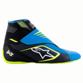 Buty Alpinestars Tech-1 KZ V2, buty kartingowe, kolor czarny, niebieski Enamel Blue i żółty fluo, widok z boku pokazujący dzianinową cholewkę, podwójne zapięcie na rzep i wyraźne białe logo Alpinestars, zaprojektowane dla czucia pedałów w sportach motorowych.