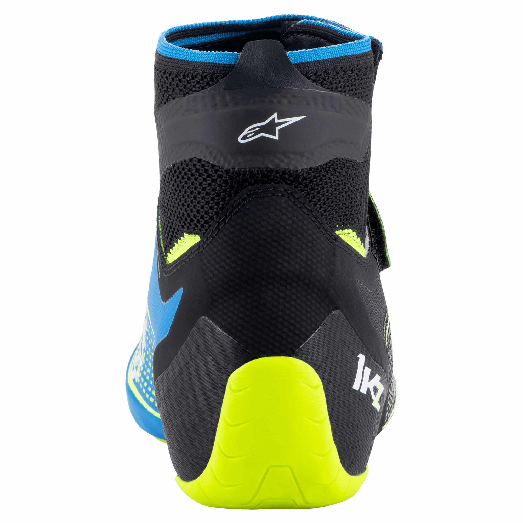 Buty Alpinestars Tech-1 KZ V2, buty kartingowe, czarne z niebieskimi i żółtymi neonowymi akcentami, widok z tyłu ukazujący dzianinową konstrukcję cholewki, logo Alpinestars oraz jaskrawożółte wsparcie pięty fluo
