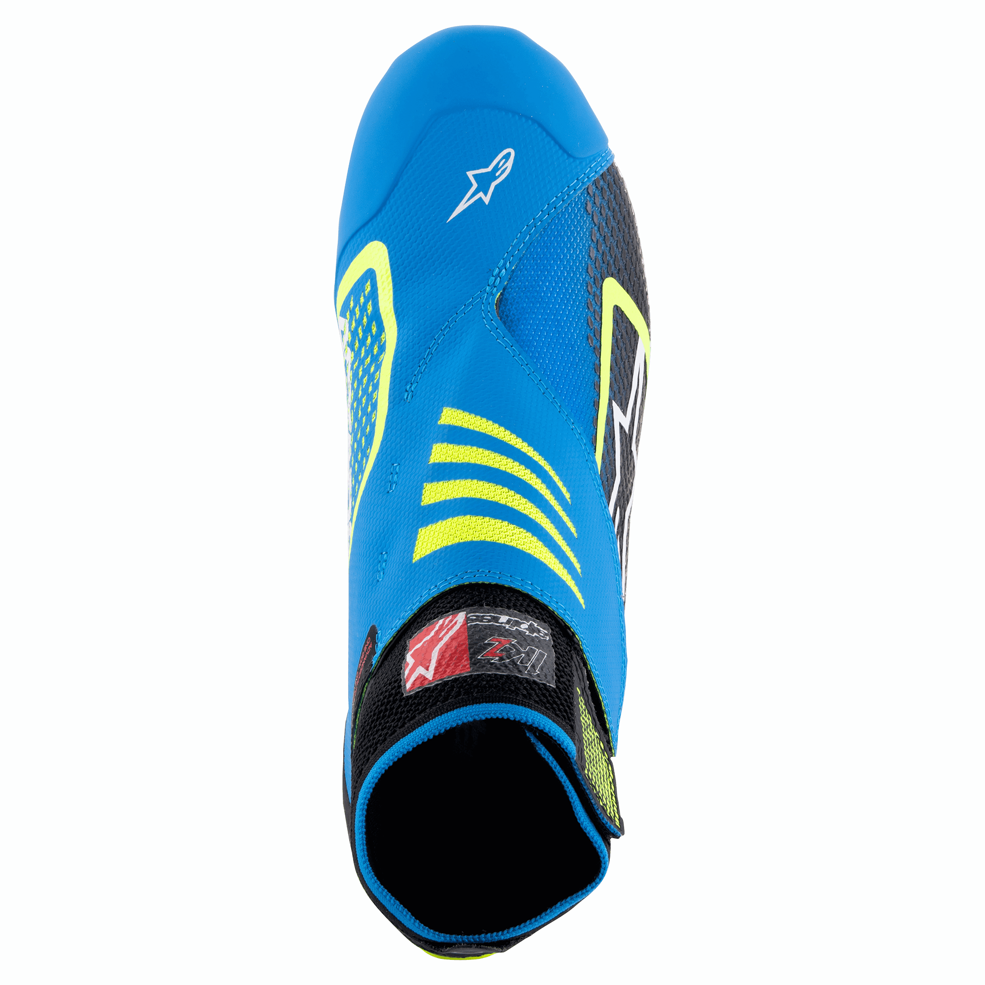 Buty Alpinestars Tech-1 KZ V2, buty kartingowe, czarny, błękit emaliowy i żółty fluo, widok z góry ukazujący bezszwową dzianinową cholewkę, logo Alpinestars na czubku oraz elastyczny kołnierz zapewniający pewne dopasowanie.