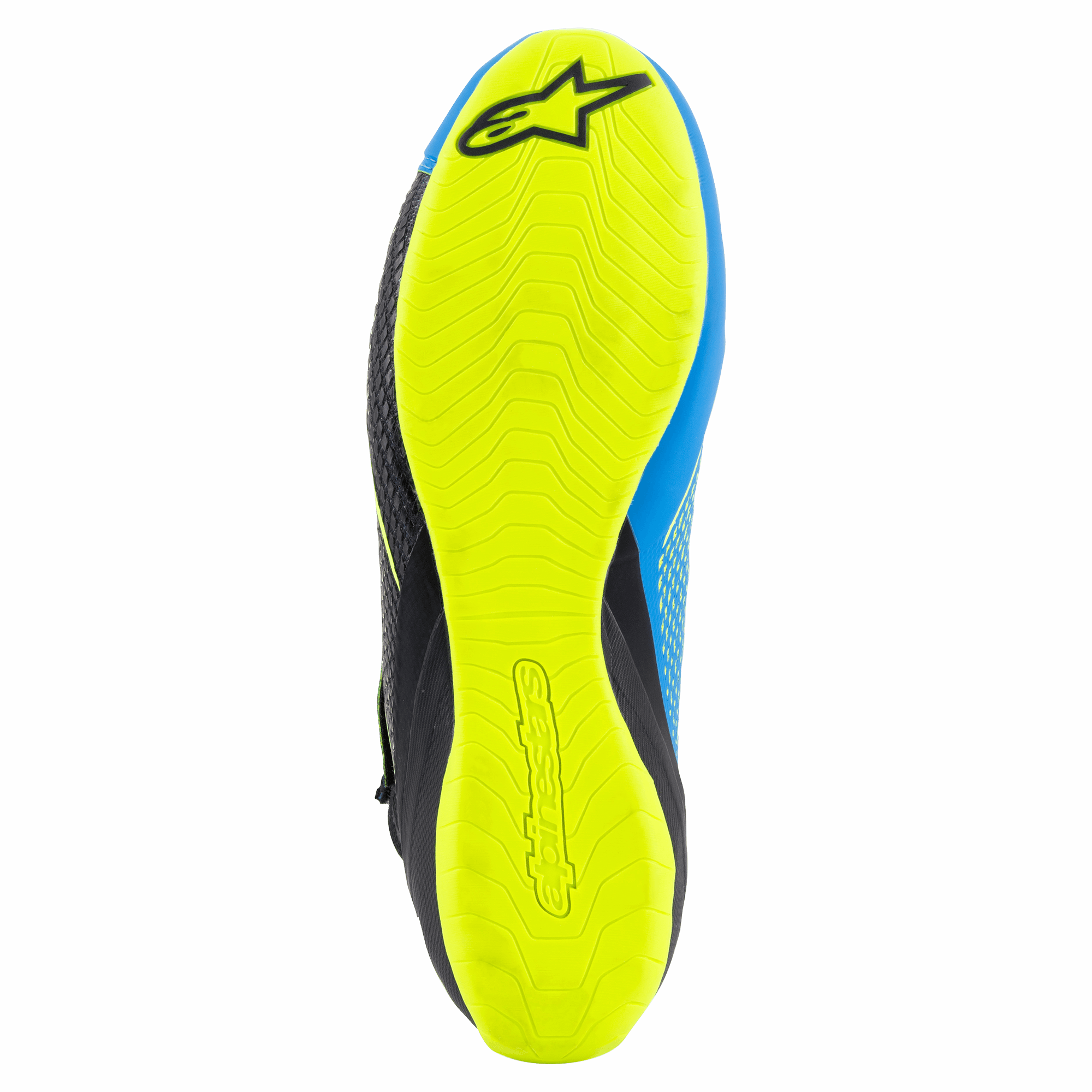 Buty kartingowe Alpinestars Tech-1 KZ V2, kolor czarny, emaliowany niebieski i żółty fluo, widok od spodu cienkiej gumowej podeszwy zewnętrznej w kolorze żółtym fluo, teksturowany wzór przyczepności z logo Alpinestars, konstrukcja zapewniająca czułość na pedały