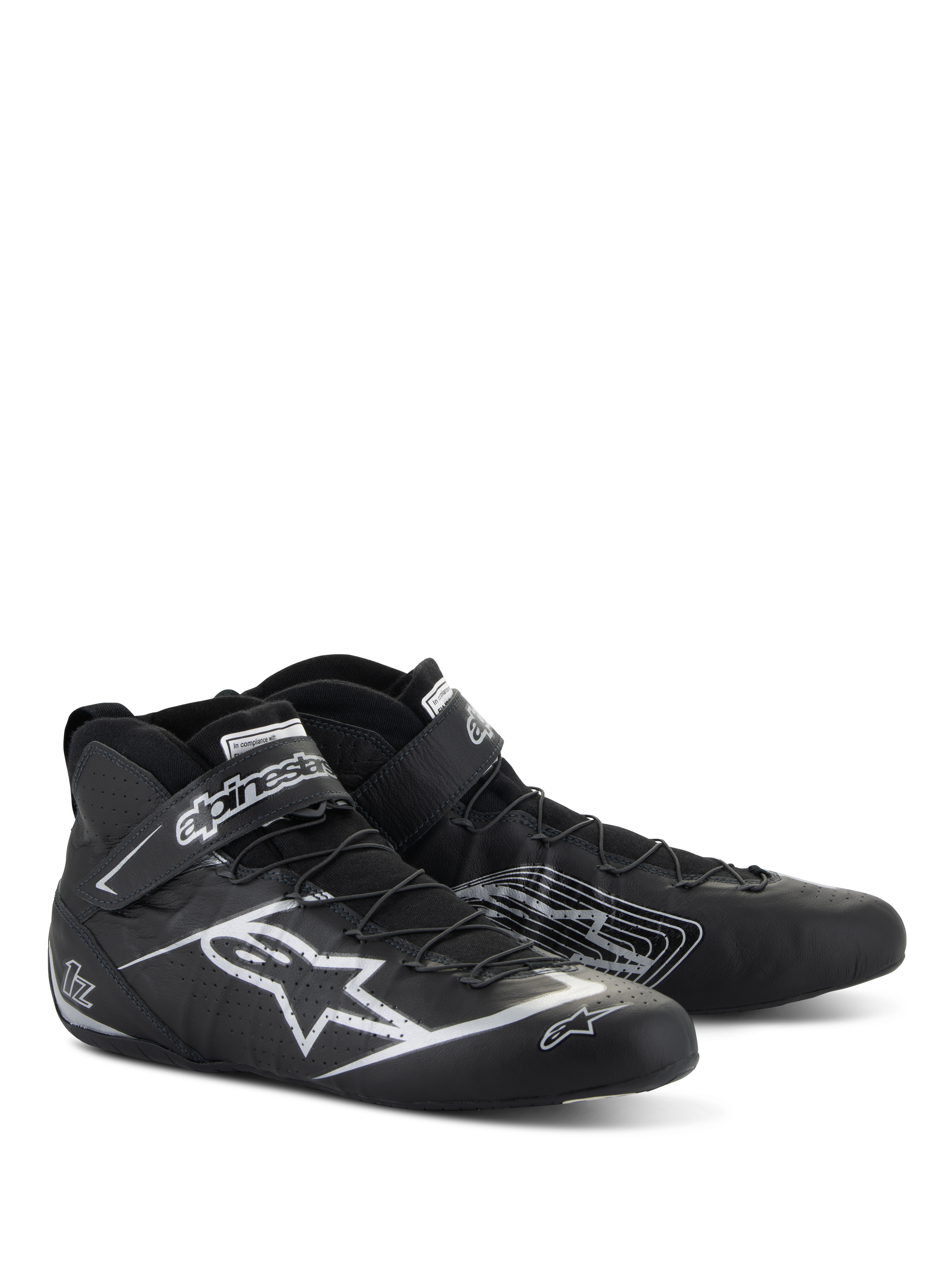 Alpinestars Tech-1 Z V3 Shoes FIA, buty samochodowe, czarno-srebrne, wysokiej jakości skóra bydlęca ze srebrnym logo gwiazdy Alpinestars, smukły niski profil z systemem szybkiego sznurowania i paskiem na rzep