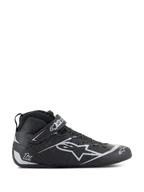 Alpinestars Tech-1 Z V3 Shoes FIA, czarno-srebrne buty wyścigowe, profil boczny o wysokim kroju ze srebrnym logo gwiazdy, zintegrowane zapięcie na rzep, system szybkiego sznurowania, perforowane panele skórzane dla oddychalności, profesjonalne obuwie motorsportowe z certyfikatem FIA