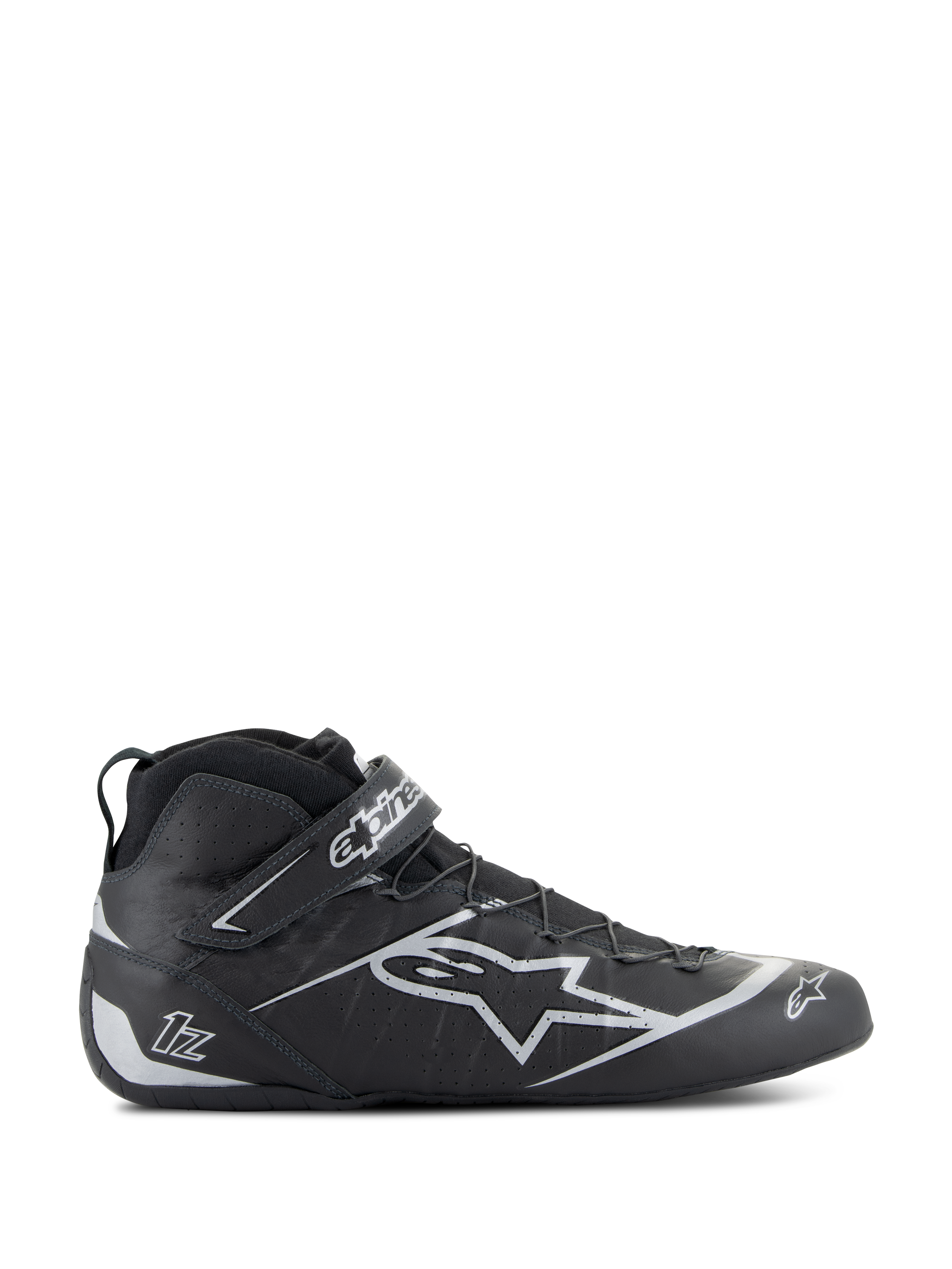 Alpinestars Tech-1 Z V3 Shoes FIA, Black Silver Auto Racing Shoes, side profile of high-top design with silver star logo, integrated Velcro strap closure, speed lacing system, perforated leather panels for breathability, professional FIA certified motorsport footwear