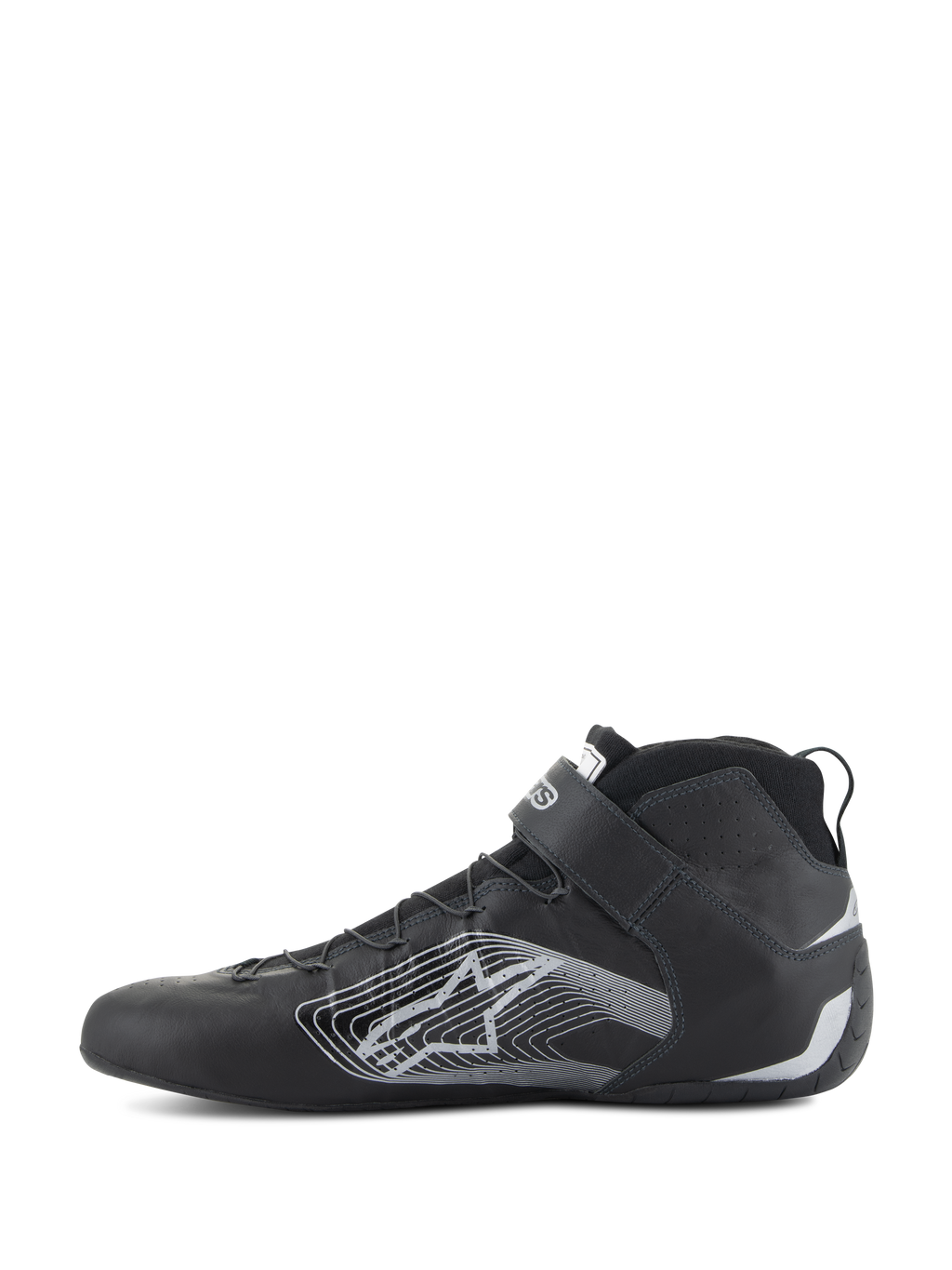 Alpinestars Tech-1 Z V3 Shoes FIA, buty do wyścigów samochodowych, czarno-srebrne, widok z boku, cholewka z najwyższej jakości skóry bydlęcej z dużym srebrnym stylizowanym logo gwiazdy, pasek na rzep przy kostce, smukły, wysoki design zapewniający profesjonalne osiągi w sportach motorowych.