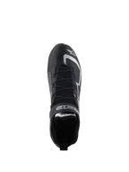 Alpinestars Tech-1 Z V3 Shoes FIA, buty wyścigowe, czarno-srebrne, widok z góry przedstawiający system szybkiego sznurowania i branding Alpinestars, profesjonalne obuwie motorsportowe ze skóry bydlęcej