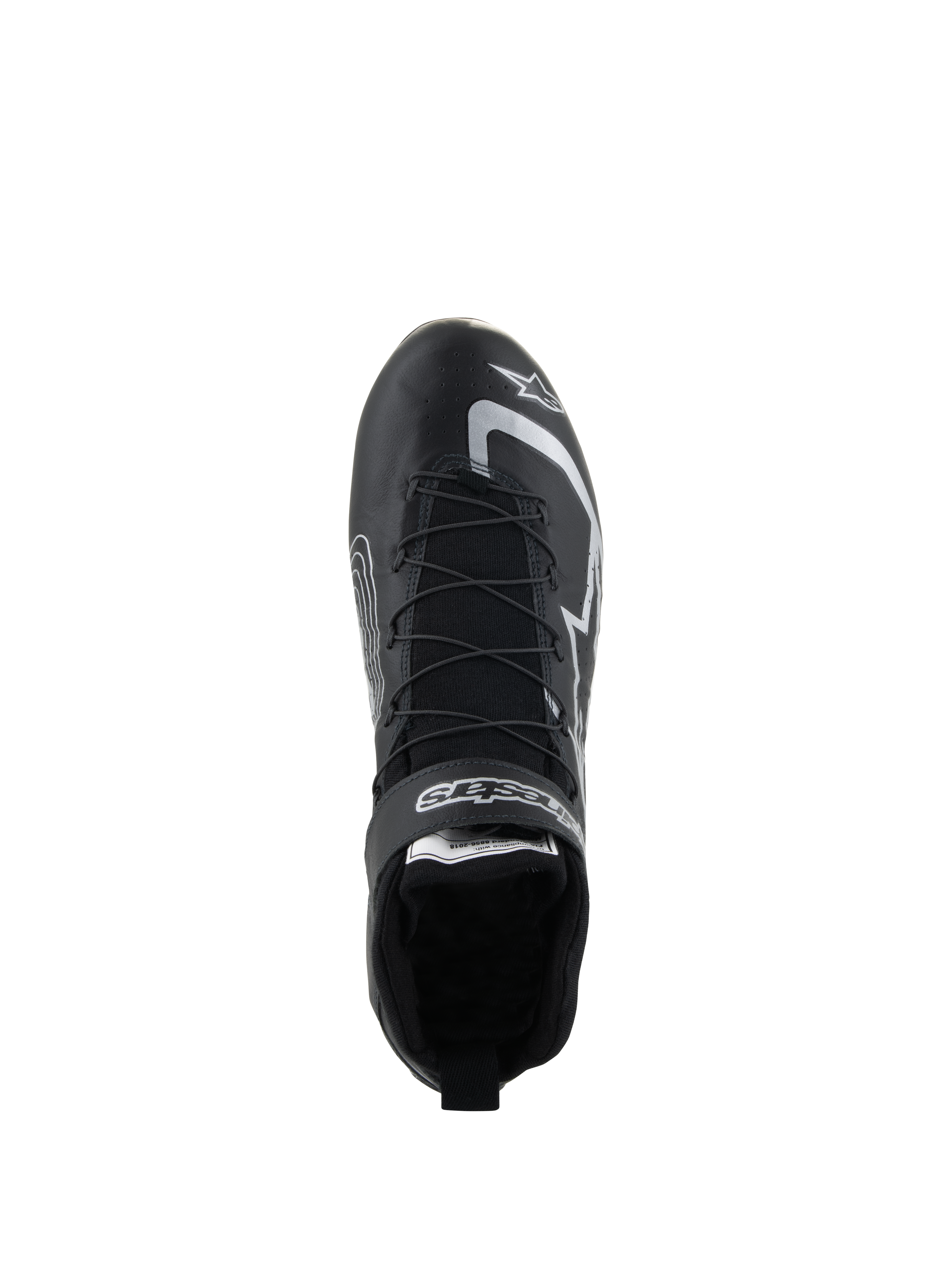Alpinestars Tech-1 Z V3 Shoes FIA, buty wyścigowe, czarno-srebrne, widok z góry przedstawiający system szybkiego sznurowania i branding Alpinestars, profesjonalne obuwie motorsportowe ze skóry bydlęcej