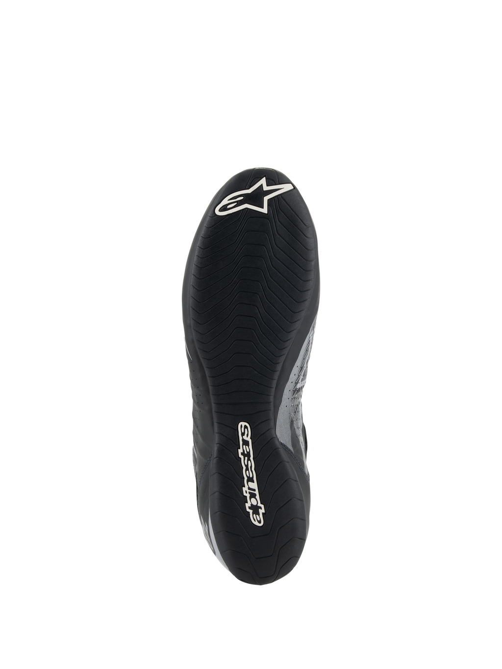 Alpinestars Tech-1 Z V3 Shoes FIA, widok podeszwy butów wyścigowych, czarno-srebrne, cienka gumowa podeszwa zewnętrzna inspirowana F1 z asymetrycznym bieżnikiem, białe logo Astar i napis Alpinestars