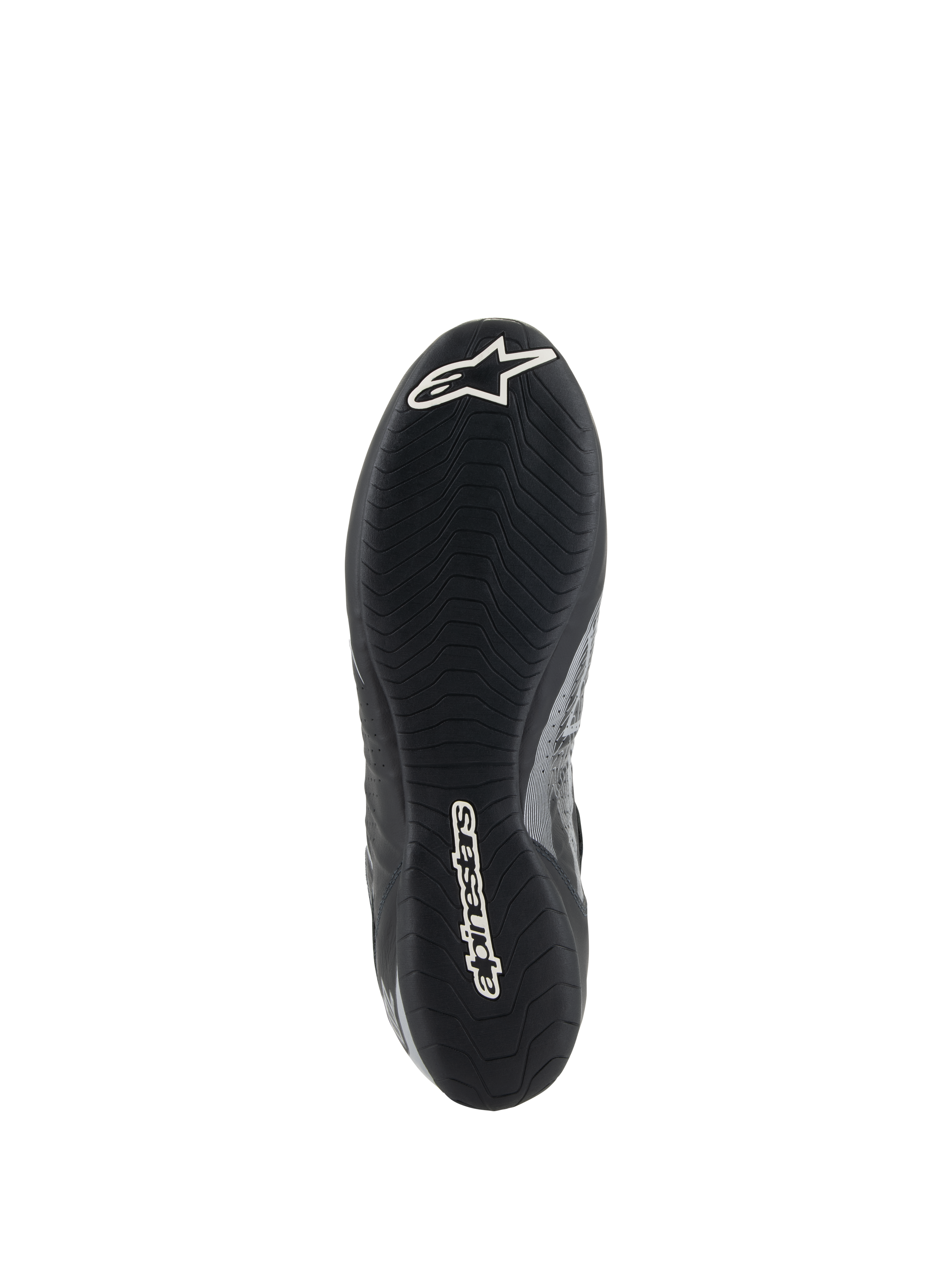 Alpinestars Tech-1 Z V3 Shoes FIA, widok podeszwy butów wyścigowych, czarno-srebrne, cienka gumowa podeszwa zewnętrzna inspirowana F1 z asymetrycznym bieżnikiem, białe logo Astar i napis Alpinestars
