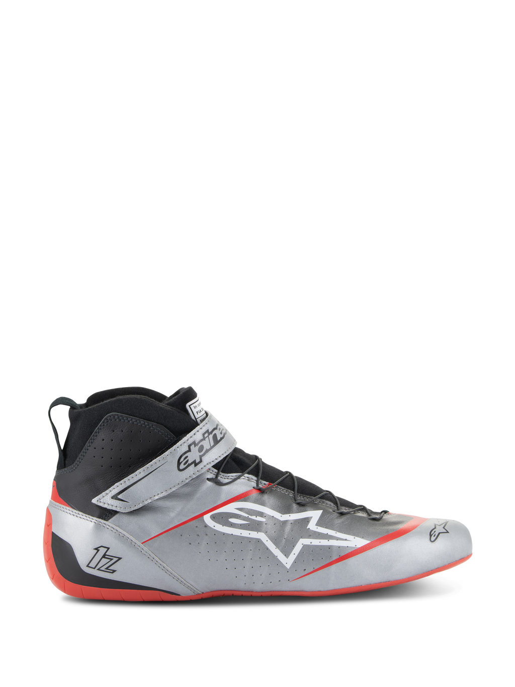 Alpinestars Tech-1 Z V3 FIA Racing Shoes, Dark Silver with Black and Red accents, high-top design featuring a white star logo, red sole, perforated leather for ventilation, and Velcro strap closure