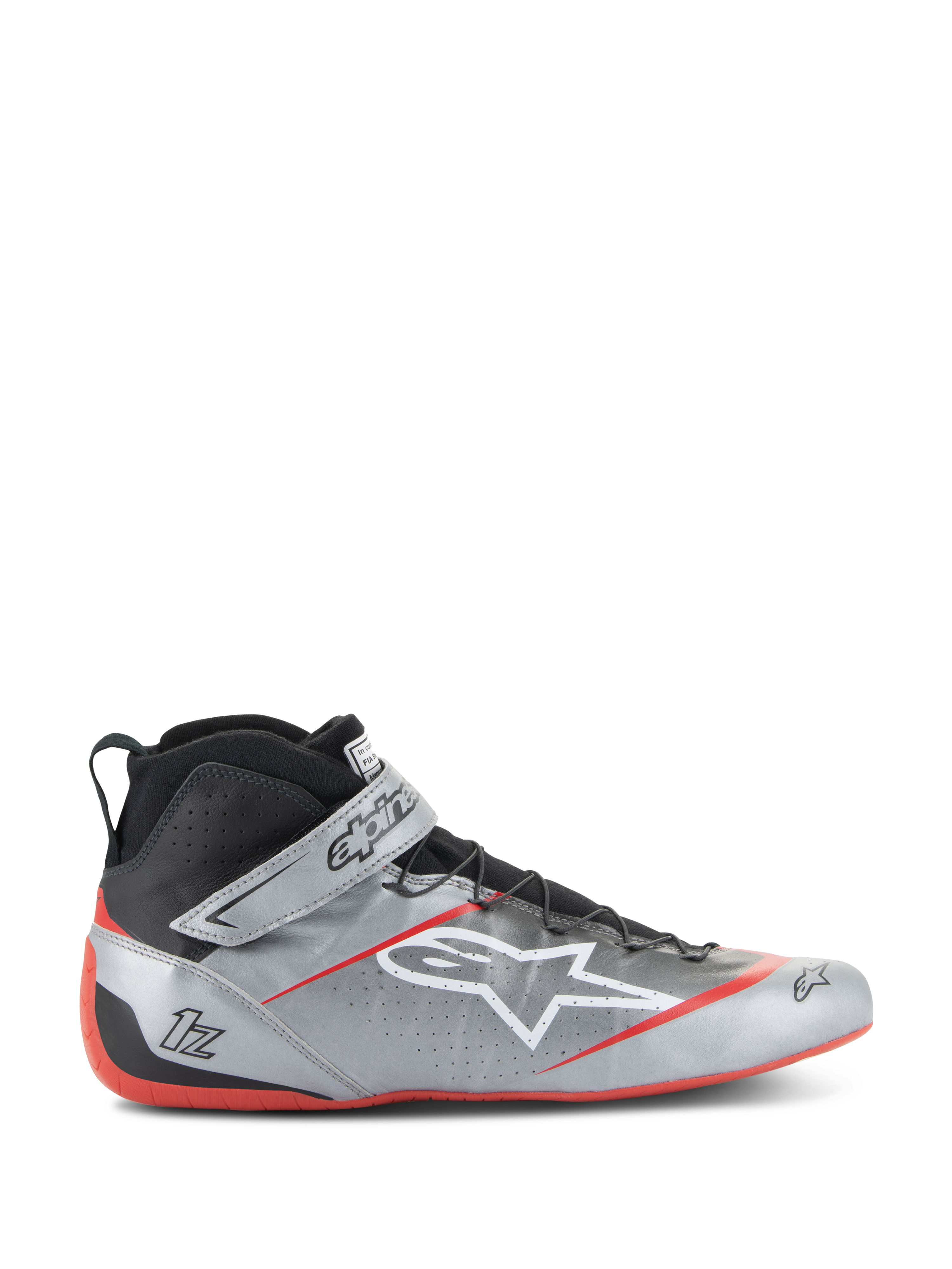 Alpinestars Tech-1 Z V3 FIA Racing Shoes, Dark Silver with Black and Red accents, high-top design featuring a white star logo, red sole, perforated leather for ventilation, and Velcro strap closure