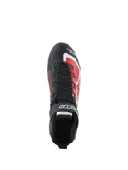 Alpinestars Tech-1 Z V3 Shoes FIA, Auto Racing Shoes, Black and Red, top-down view showing speed lacing system, velcro strap with branding, and red graphic accents on the toe, sleek leather design for motorsport performance