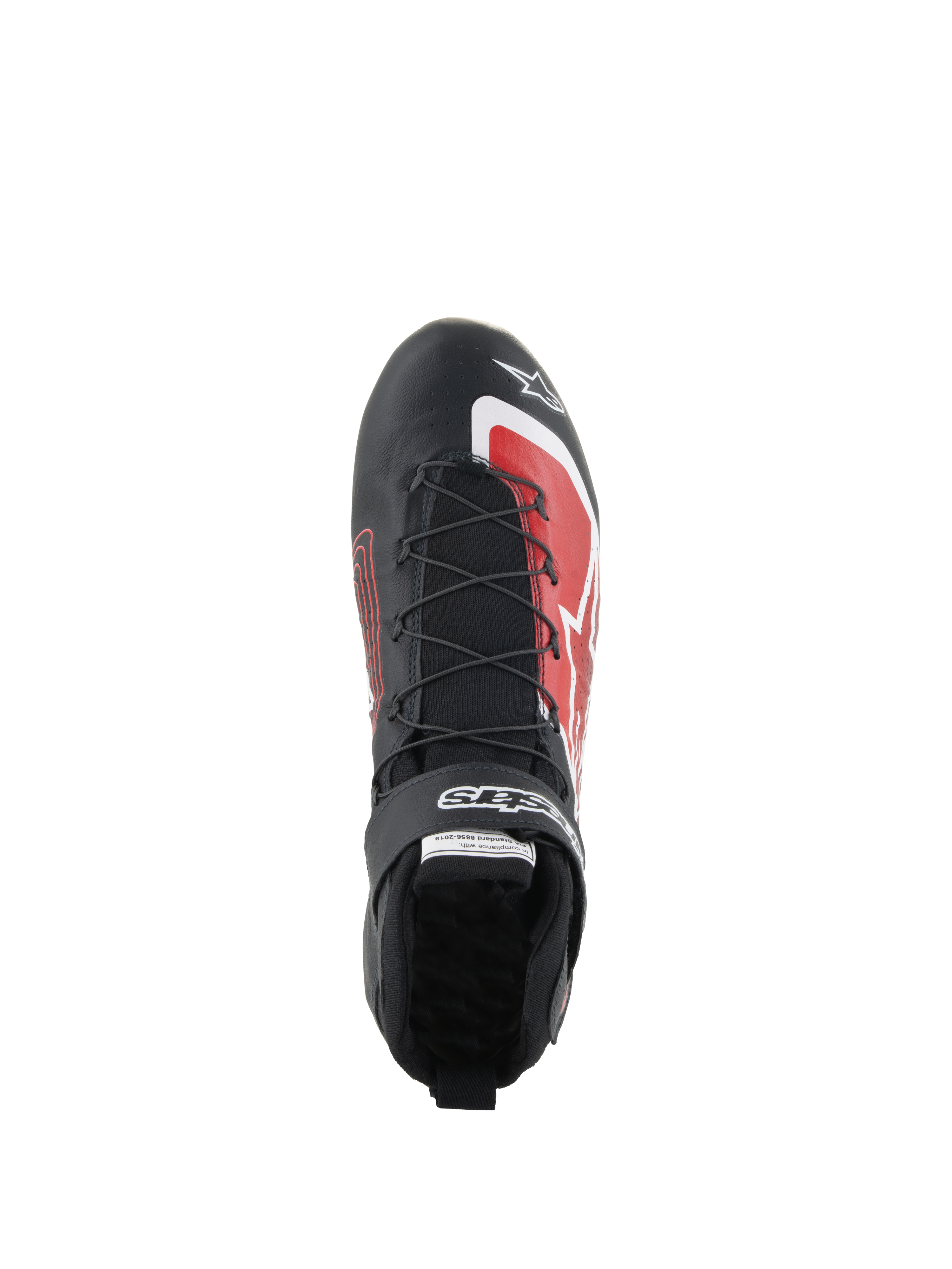Alpinestars Tech-1 Z V3 Shoes FIA, Auto Racing Shoes, Black and Red, top-down view showing speed lacing system, velcro strap with branding, and red graphic accents on the toe, sleek leather design for motorsport performance