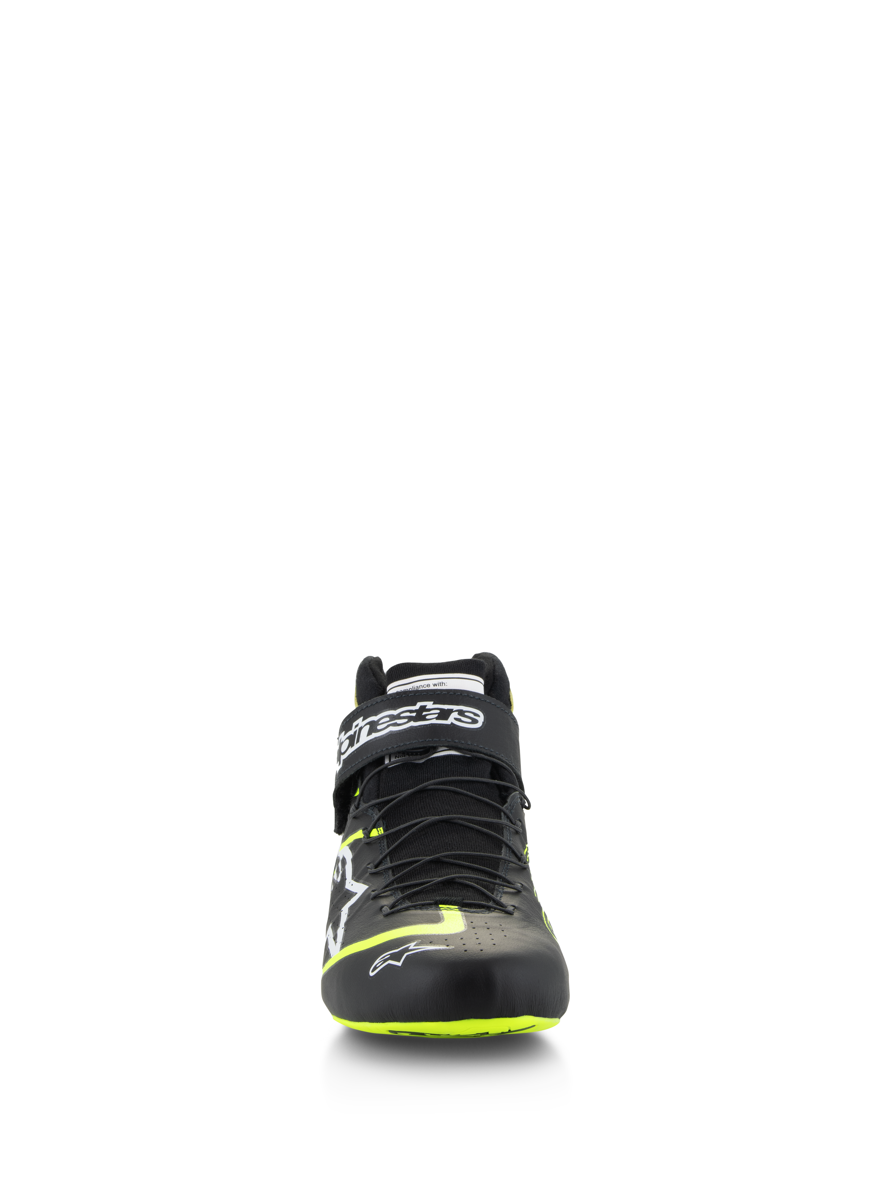 Alpinestars Tech-1 Z V3 Shoes FIA, Auto Racing Footwear, Black and Yellow Fluo, front view, featuring a dual-closure speed lacing system and branded ankle strap, bright yellow accents on the toe and sole, premium leather construction.