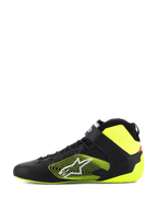 Alpinestars Tech-1 Z V3 Shoes FIA, Auto Racing Shoes, Black and Yellow Fluo, side profile view, premium leather upper with speed lacing and ankle strap, bold yellow graphic logo on the side, fluorescent yellow heel and collar accents