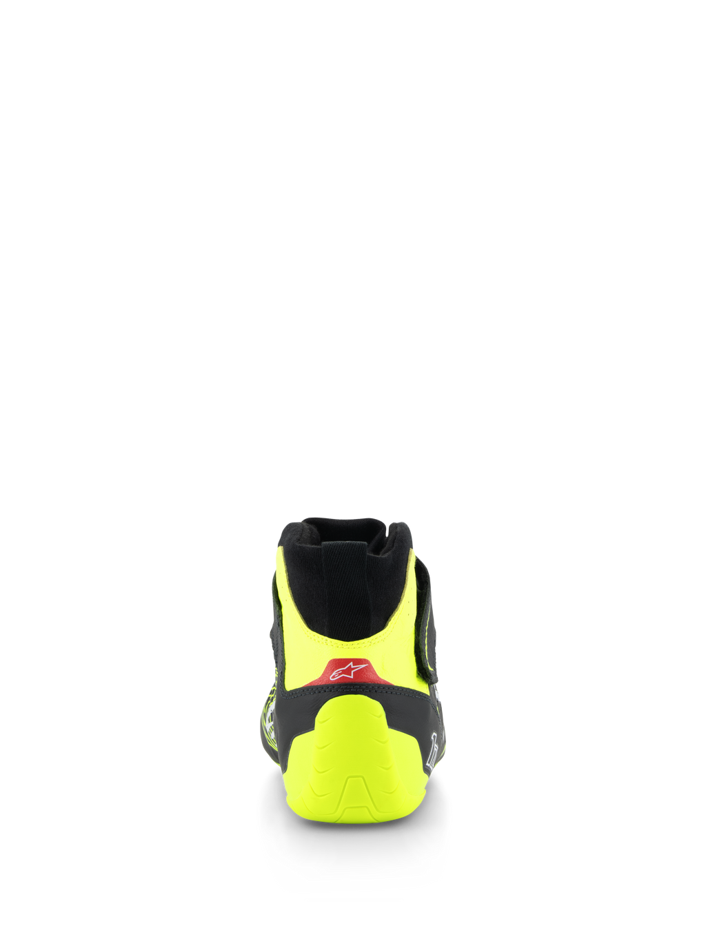 Alpinestars Tech-1 Z V3 Shoes FIA, Auto Racing Shoes, Black and Yellow Fluo, Rear view showing fluorescent yellow heel counter and red accent with white logo, professional motorsport footwear