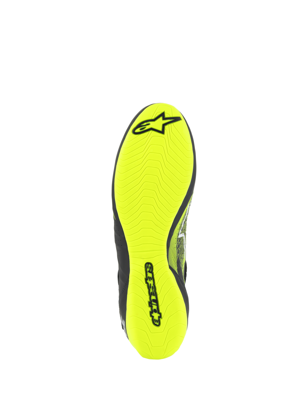 Alpinestars Tech-1 Z V3 Shoes FIA, Auto Racing Shoes, Outsole View in Yellow Fluo, featuring asymmetric tread pattern and black Alpinestars branding, thin rubber sole for maximum pedal sensitivity and grip