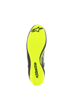 Alpinestars Tech-1 Z V3 Shoes FIA, Auto Racing Shoes, Outsole View in Yellow Fluo, featuring asymmetric tread pattern and black Alpinestars branding, thin rubber sole for maximum pedal sensitivity and grip