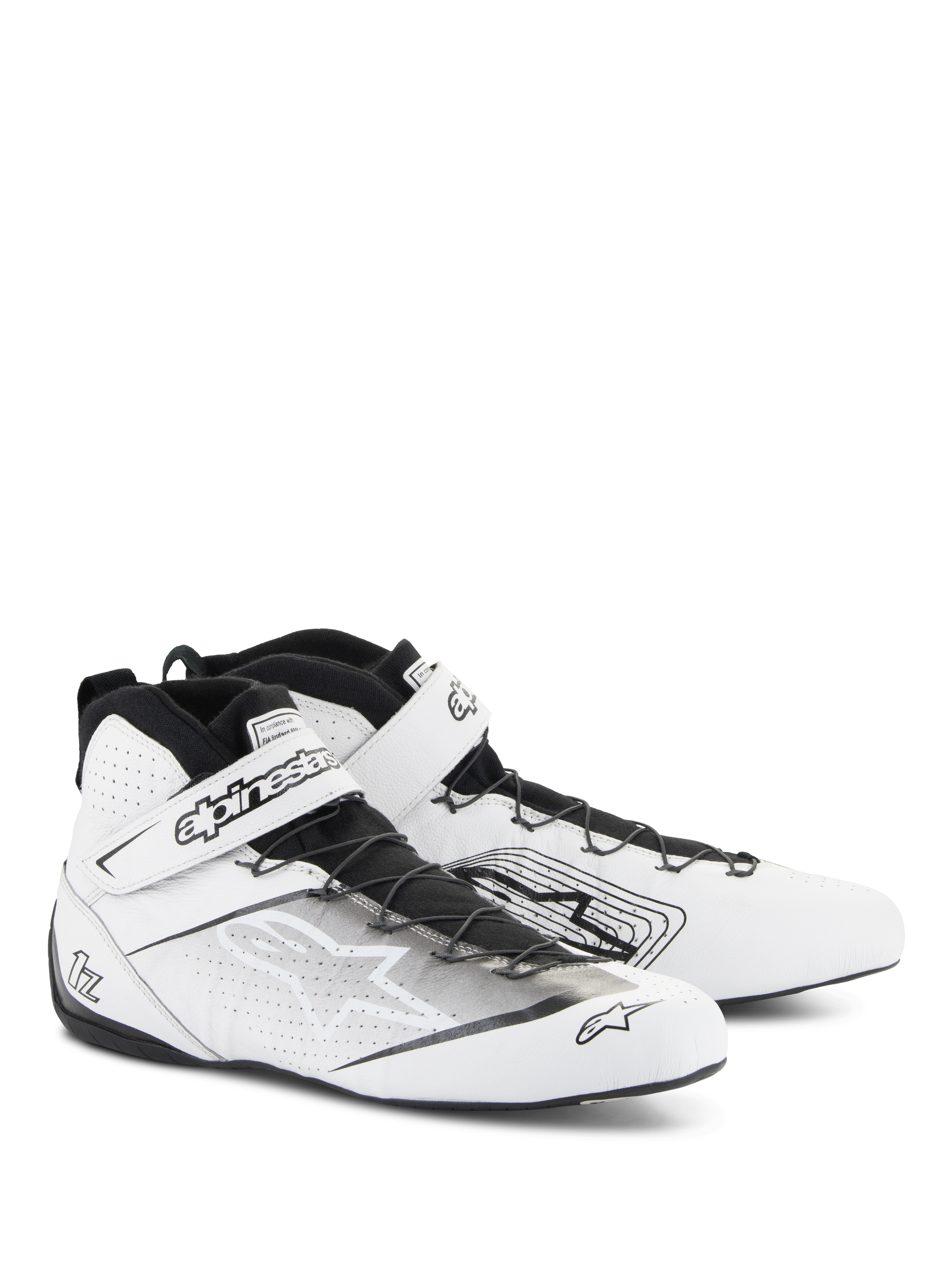 Buty Alpinestars Tech-1 Z V3 FIA, buty do wyścigów samochodowych, biało-czarne, wykonane z najwyższej jakości skóry bydlęcej z perforowanymi panelami, system szybkiego sznurowania z bezpiecznym paskiem na rzep, smukły, profesjonalny design motorsportowy