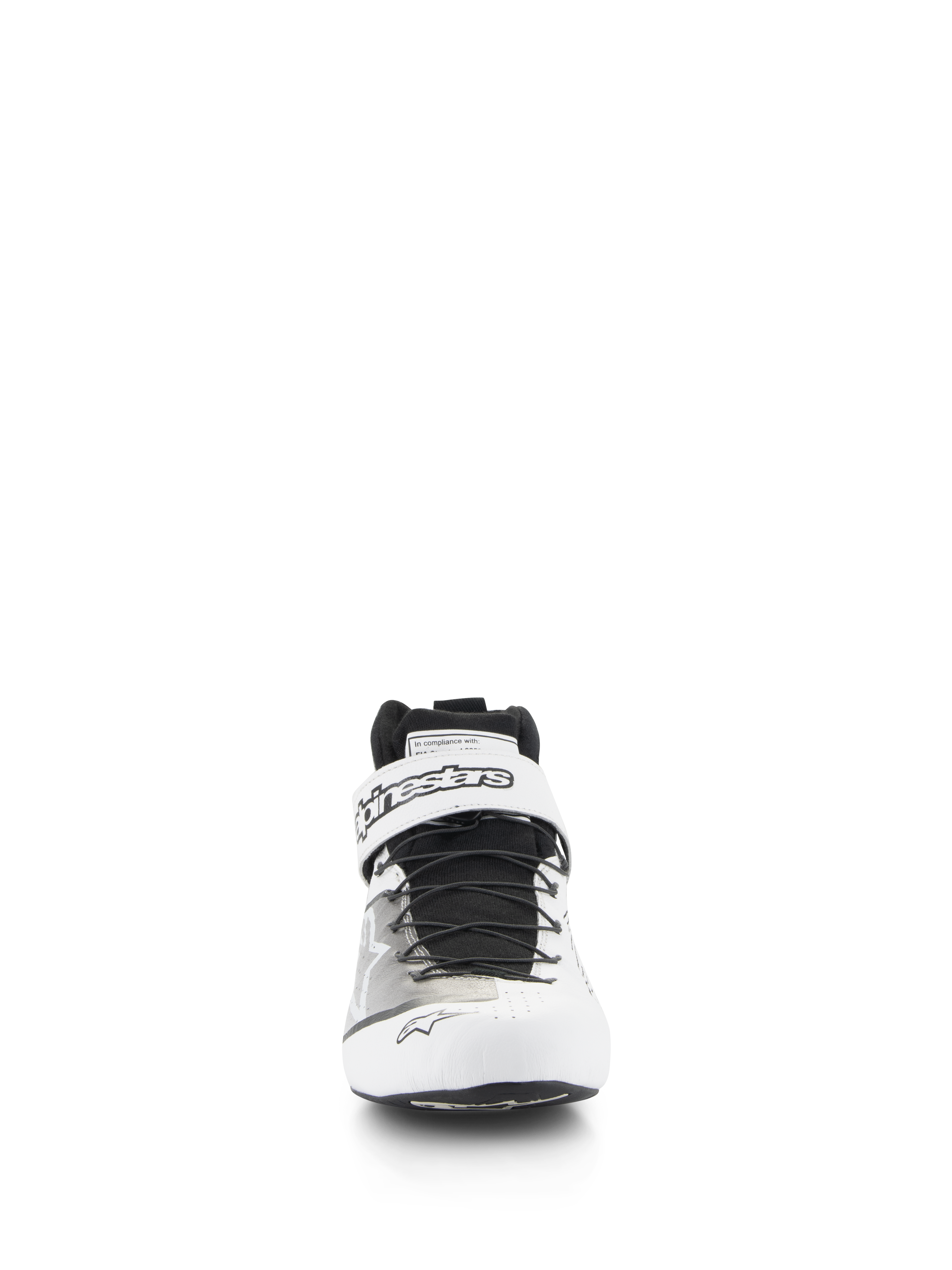 Buty Alpinestars Tech-1 Z V3 FIA, profesjonalne obuwie wyścigowe, biało-czarne, widok z przodu prezentujący system szybkiego sznurowania i górny pasek na rzep z logo Alpinestars, perforowana skórzana cholewka zapewniająca oddychalność