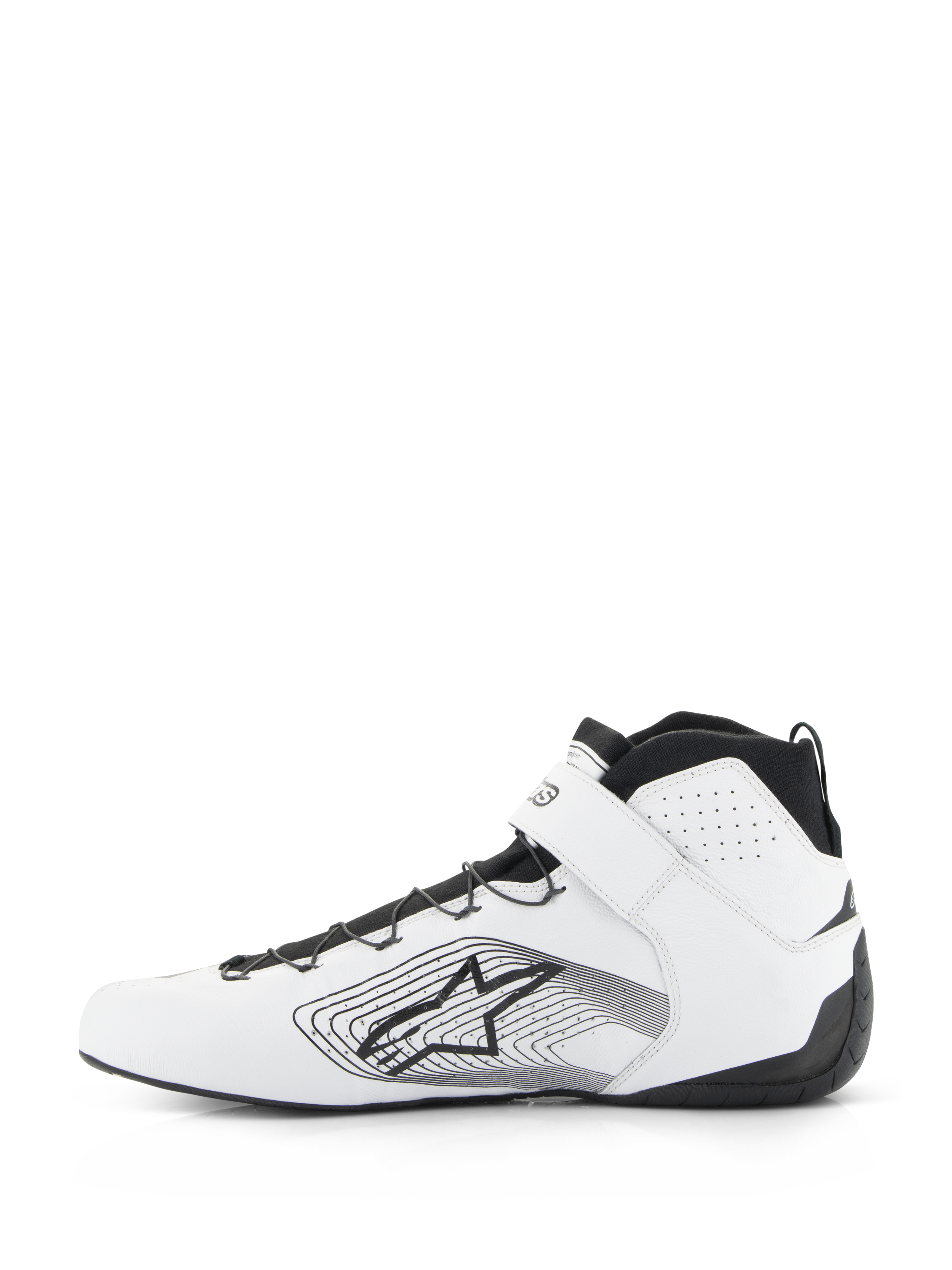 Alpinestars Tech-1 Z V3 Shoes FIA, buty samochodowe, biało-czarne, profil boczny buta wyścigowego ze skóry premium z czarnym systemem szybkiego sznurowania, białym paskiem na kostce i logo gwiazdy Alpinestars z liniową grafiką na boku