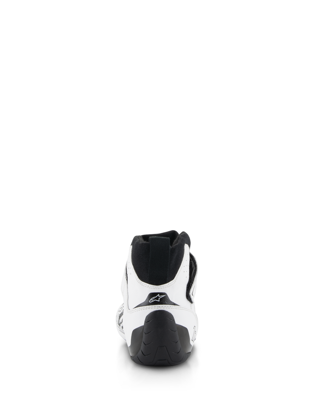 Alpinestars Tech-1 Z V3 Shoes FIA, buty do wyścigów samochodowych, biało-czarne, widok z tyłu z czarnym uchwytem na pięcie, teksturowaną gumową podeszwą i cholewką z białej skóry bydlęcej z logo gwiazdy Alpinestars