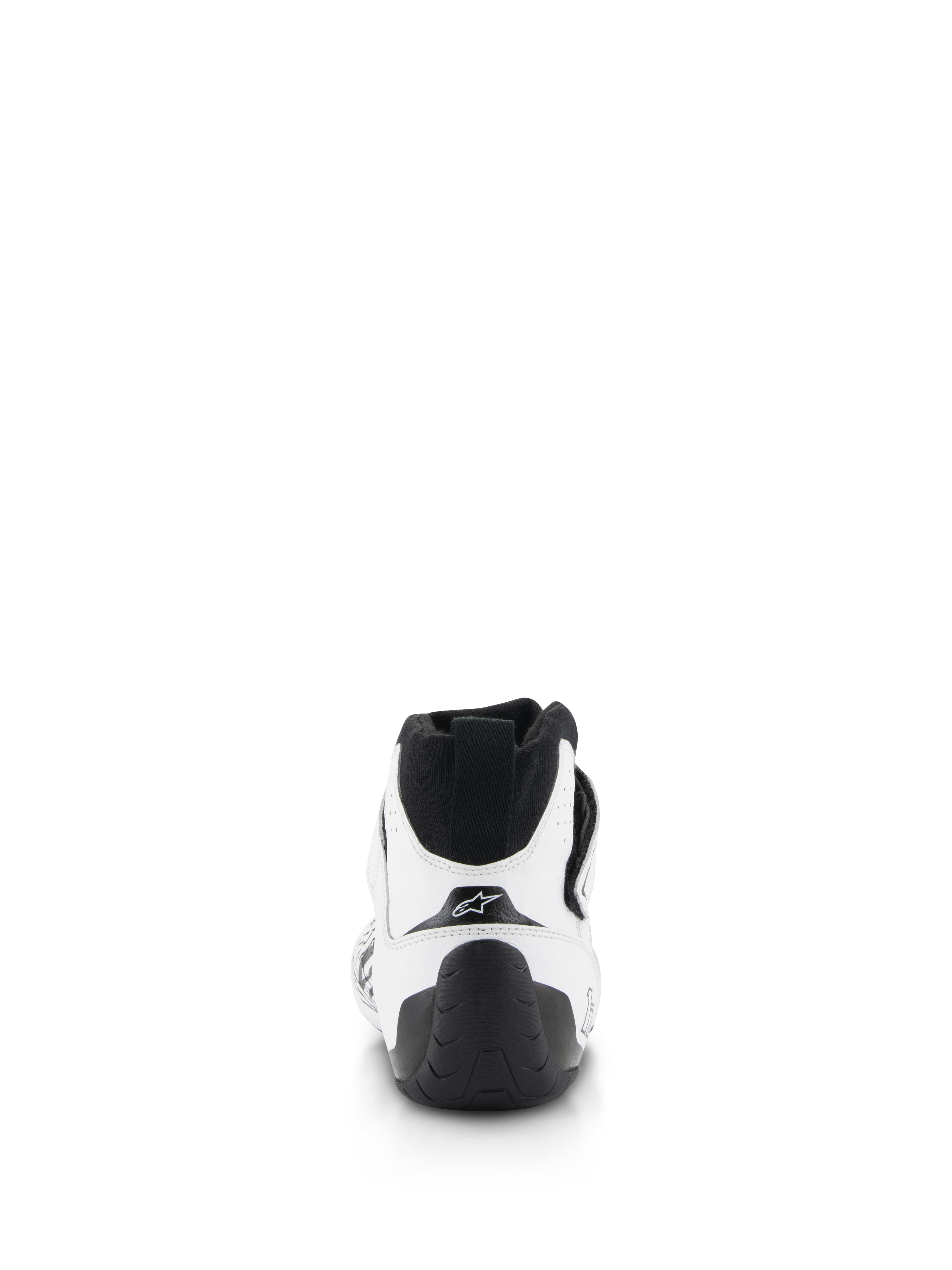 Alpinestars Tech-1 Z V3 Shoes FIA, buty do wyścigów samochodowych, biało-czarne, widok z tyłu z czarnym uchwytem na pięcie, teksturowaną gumową podeszwą i cholewką z białej skóry bydlęcej z logo gwiazdy Alpinestars