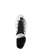 Alpinestars Tech-1 Z V3 Shoes FIA, buty wyścigowe, biało-czarne, widok z góry ukazujący system szybkiego sznurowania, markowy pasek na rzep przy kostce, czarny dzianinowy język i perforowaną skórzaną cholewkę dla wyścigowej wydajności