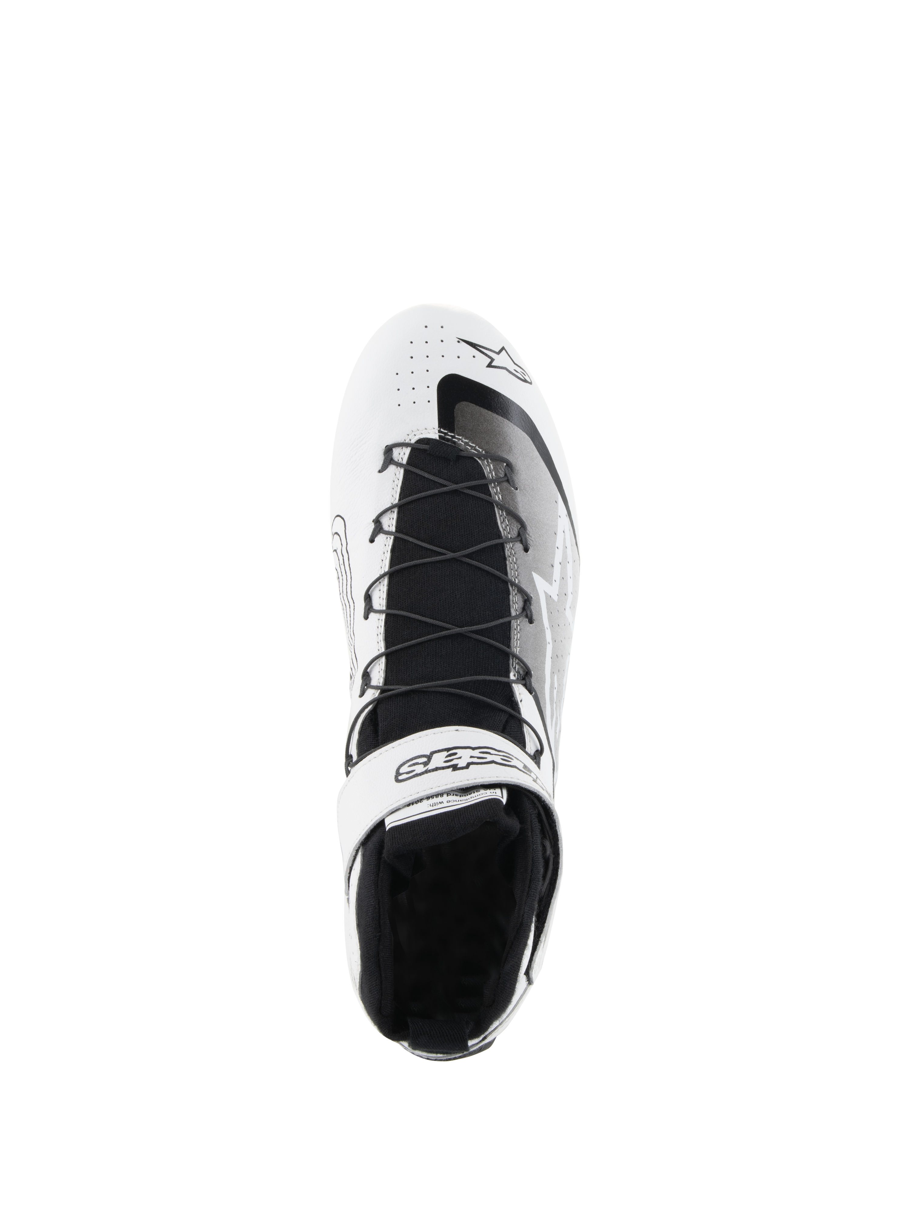 Alpinestars Tech-1 Z V3 Shoes FIA, buty wyścigowe, biało-czarne, widok z góry ukazujący system szybkiego sznurowania, markowy pasek na rzep przy kostce, czarny dzianinowy język i perforowaną skórzaną cholewkę dla wyścigowej wydajności