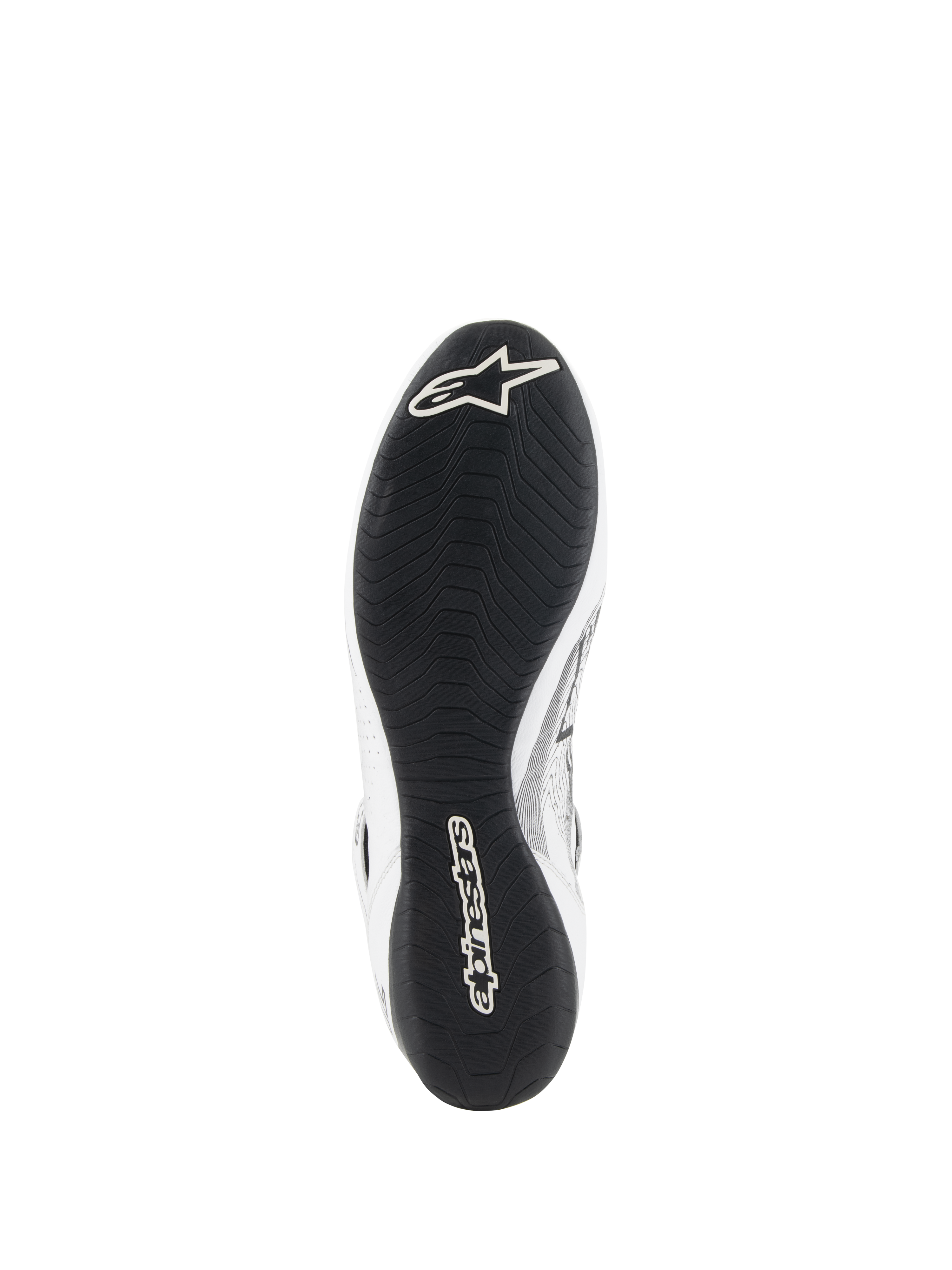 Alpinestars Tech-1 Z V3 Shoes FIA, buty samochodowe, biało-czarne, widok od dołu prezentujący cienką gumową podeszwę zewnętrzną inspirowaną F1 z asymetrycznym bieżnikiem, białe logo Alpinestars na palcach i branding na pięcie