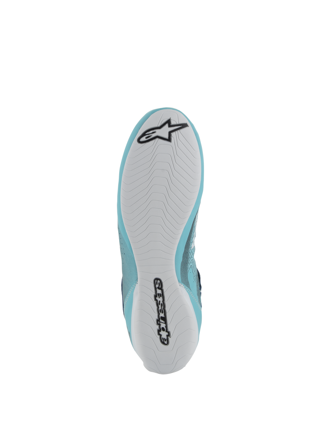 Alpinestars Tech-1 Z V3 Shoes FIA, Auto Racing Footwear, Light Teal and White, bottom view featuring a white rubber sole with black Alpinestars logo and wordmark, asymmetric tread pattern for grip and pedal feel.