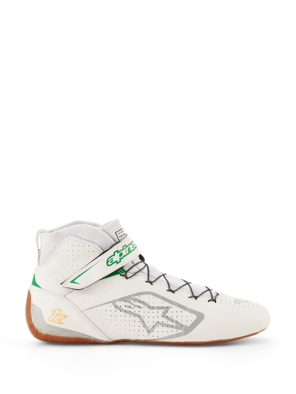 Buty Alpinestars Tech-1 Z V3 FIA, buty do kartingu i wyścigów samochodowych, białe z zielonymi i gumowymi akcentami, widok z boku ze srebrnym logo Alpinestars, perforowana skórzana cholewka, wysoka cholewka z systemem szybkiego sznurowania, profesjonalny design motorsportowy