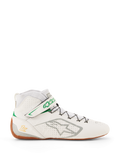 Buty Alpinestars Tech-1 Z V3 FIA, buty do kartingu i wyścigów samochodowych, białe z zielonymi i gumowymi akcentami, widok z boku ze srebrnym logo Alpinestars, perforowana skórzana cholewka, wysoka cholewka z systemem szybkiego sznurowania, profesjonalny design motorsportowy