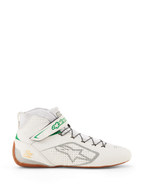 Buty Alpinestars Tech-1 Z V3 FIA, buty do kartingu i wyścigów samochodowych, białe z zielonymi i gumowymi akcentami, widok z boku ze srebrnym logo Alpinestars, perforowana skórzana cholewka, wysoka cholewka z systemem szybkiego sznurowania, profesjonalny design motorsportowy